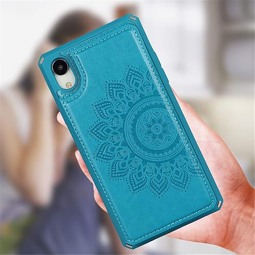 Miniatura 8 de iCoverCase Funda compatible con iPhone XR con tarjetero para mujer, con bloqueo RFID en relieve, piel sintética con correa de muñeca (azul mandala)