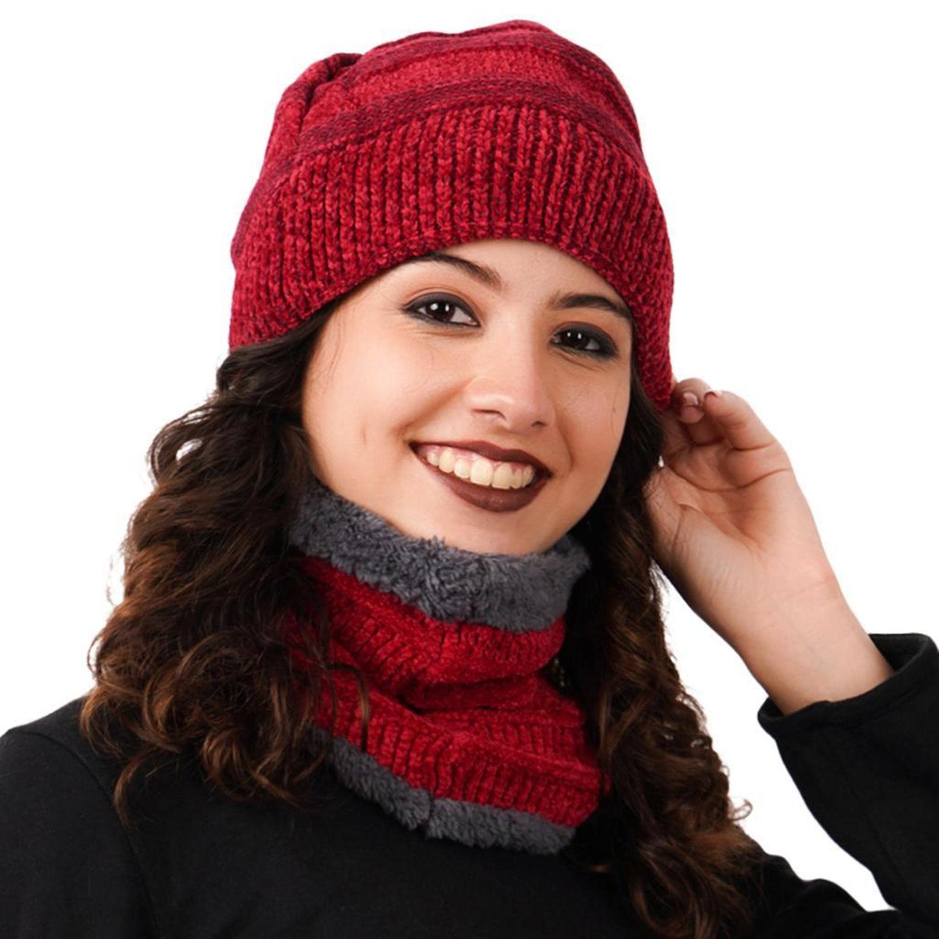 Women's Winter Warm Knit Hat Wool Snow Velvet Neckwarmer Cap/Woolen Cap for Women/Fancy Winter caps for Women/Winter Cap for Women (Free Size)