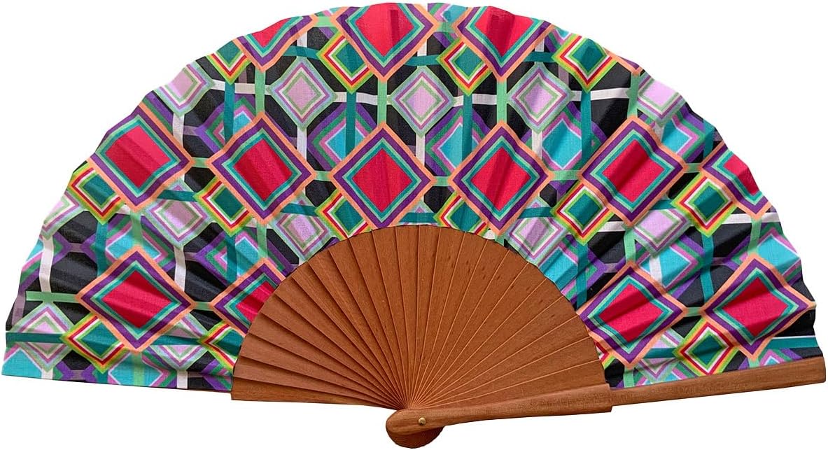 Equilibrio Spanish Fan - Wood and Cotton - 23 cm - Jute Case and Case - Fashion Accessory - Handmade in Spain - Events and Gifts - Geometries Collection