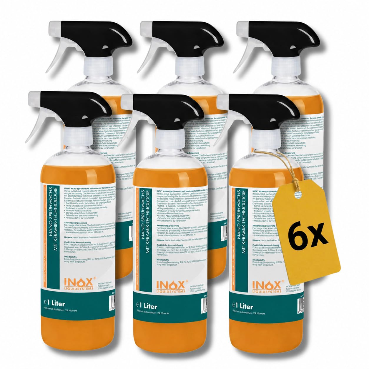 INOX® - Premium Sprühwachs 6x1L Spray mit sofort Abperleffekt | Spray Wax Autopflege Versiegelung | Lackpflege und Sprühversiegelung | Glanz & Schutz für alle Lacke