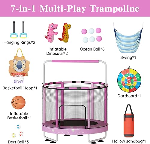 Miniatura 4 de LAMERGE 55" 7-in-1 Round Trampoline for Kids Boys & Girls Ages 1-8, Indoor & Outdoor Trampoline for Fun, Adjustable Height Handrail  Enclosed Safety