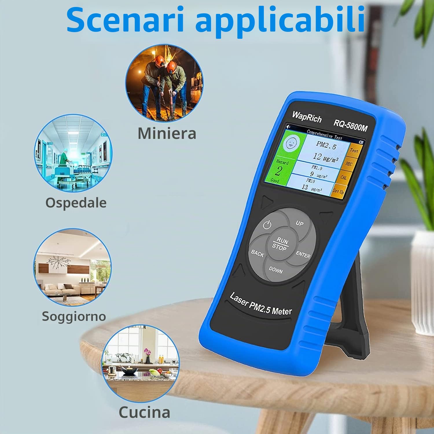 Monitor di qualità dell'aria interno PM2,5/PM10/PM1,0 portatile, WapoRich rilevatore di inquinamento qualità dell'aria rileva la polvere per casa/ufficio/scuole/auto, ricaricabile - RQ-5800M