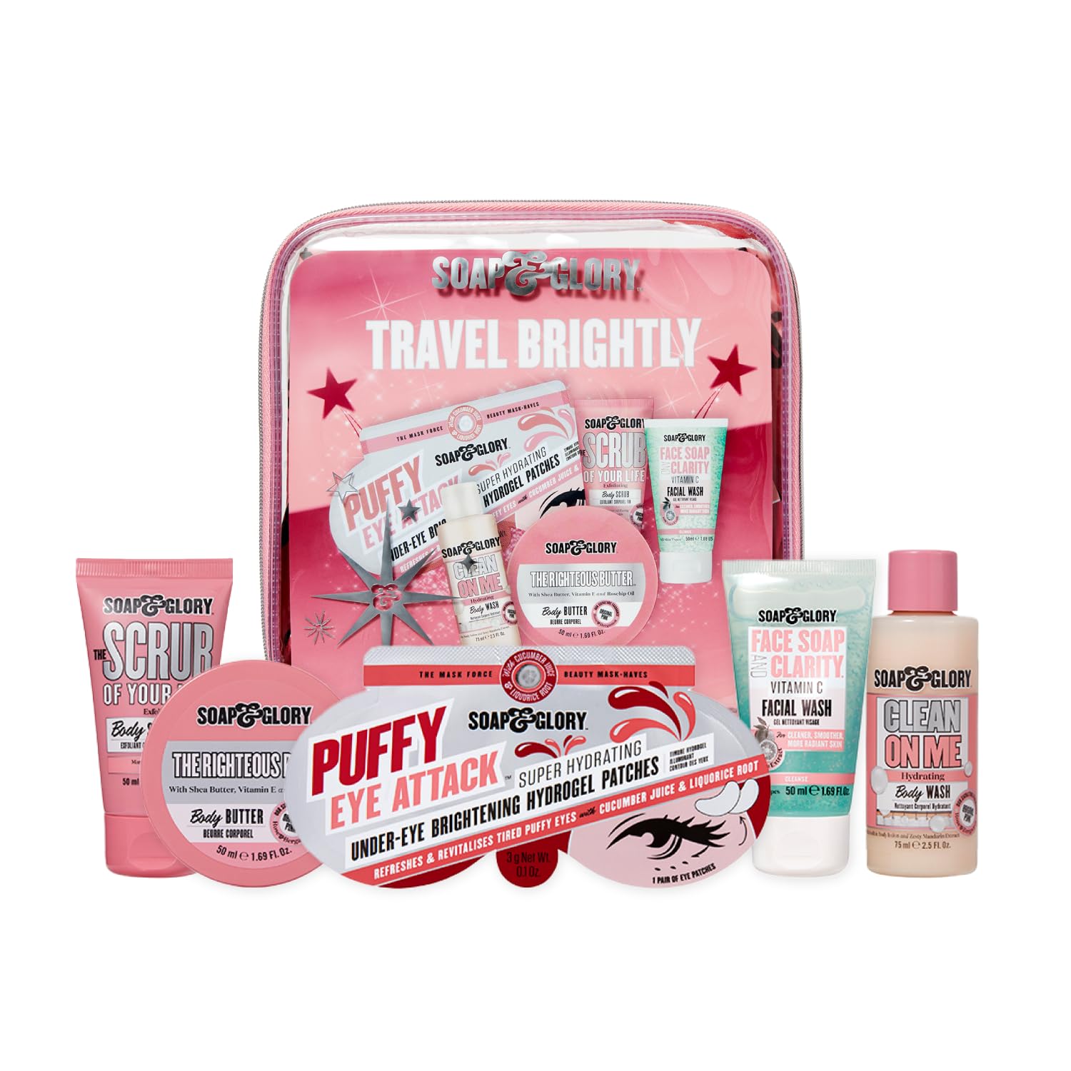Soap & Glory Travel Brightly Gift Set - Travel Size Body Wash, Vitamin C Facial Cleanser, Body Butter, Exfoliating Scrub & Under Eye Patches - TSA Approved Skin Care (5 Count)