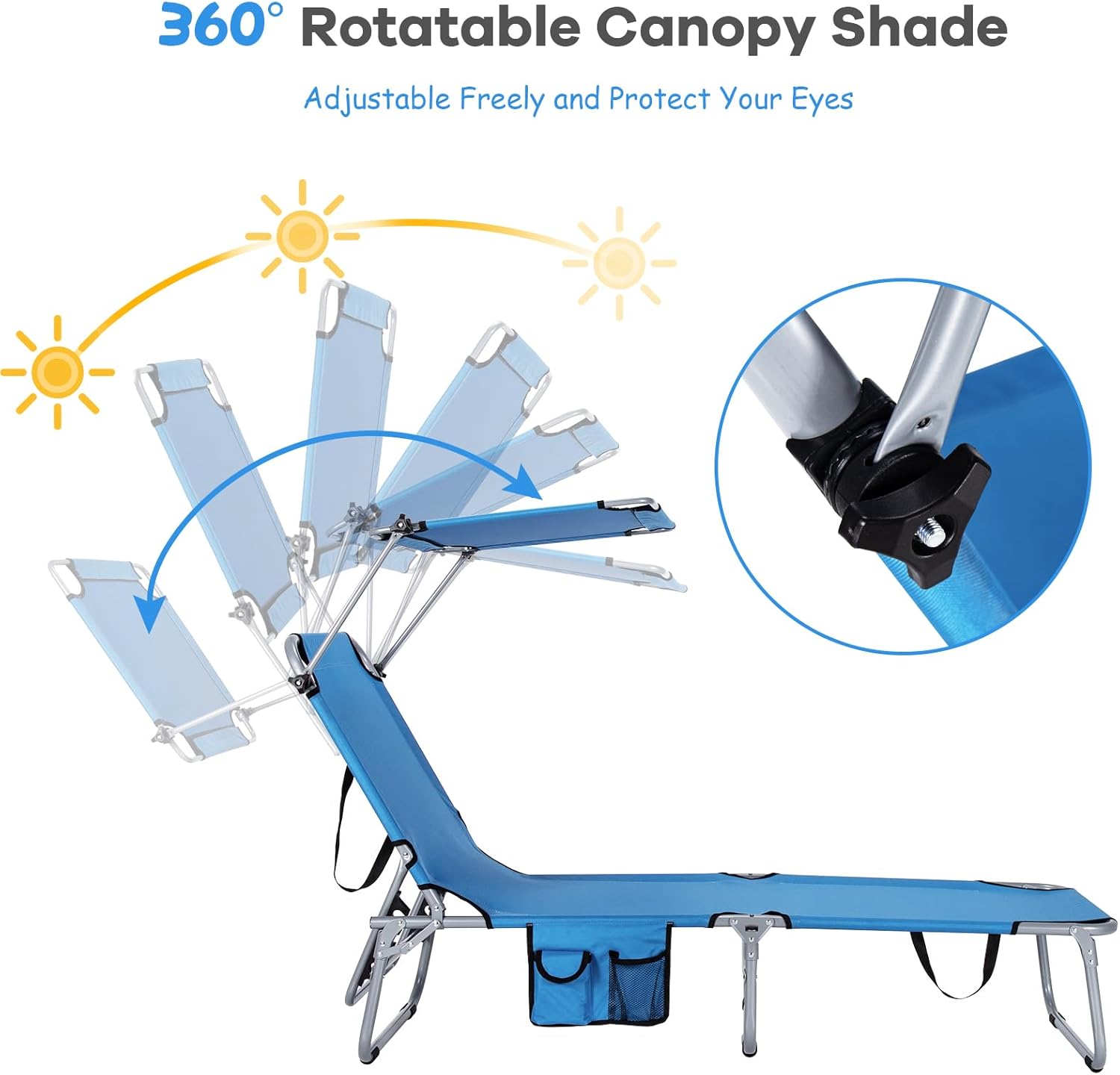 GORELAX Tanning Chair, Folding Beach Chair with Canopy Shade, Adjustable 5-Position, Handle & Side Pocket, Outdoor Portable Patio Lounge Chaise Recliner for Lawn, Camping, Pool, Deck, Beach (1, Navy)