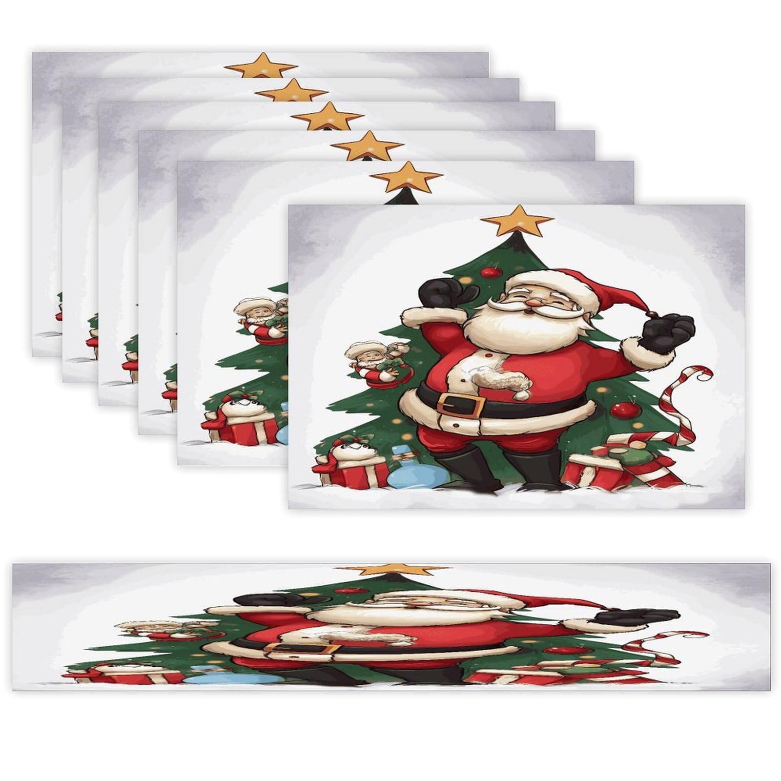 Merry Christmas Table Runner and Placemats Set of 6 for Kitchen Washable Table Mats Heat Resistant Place Mats Non-Slip Place Mat Wipeable Placemat(6 Placemats+1 Table Runner)