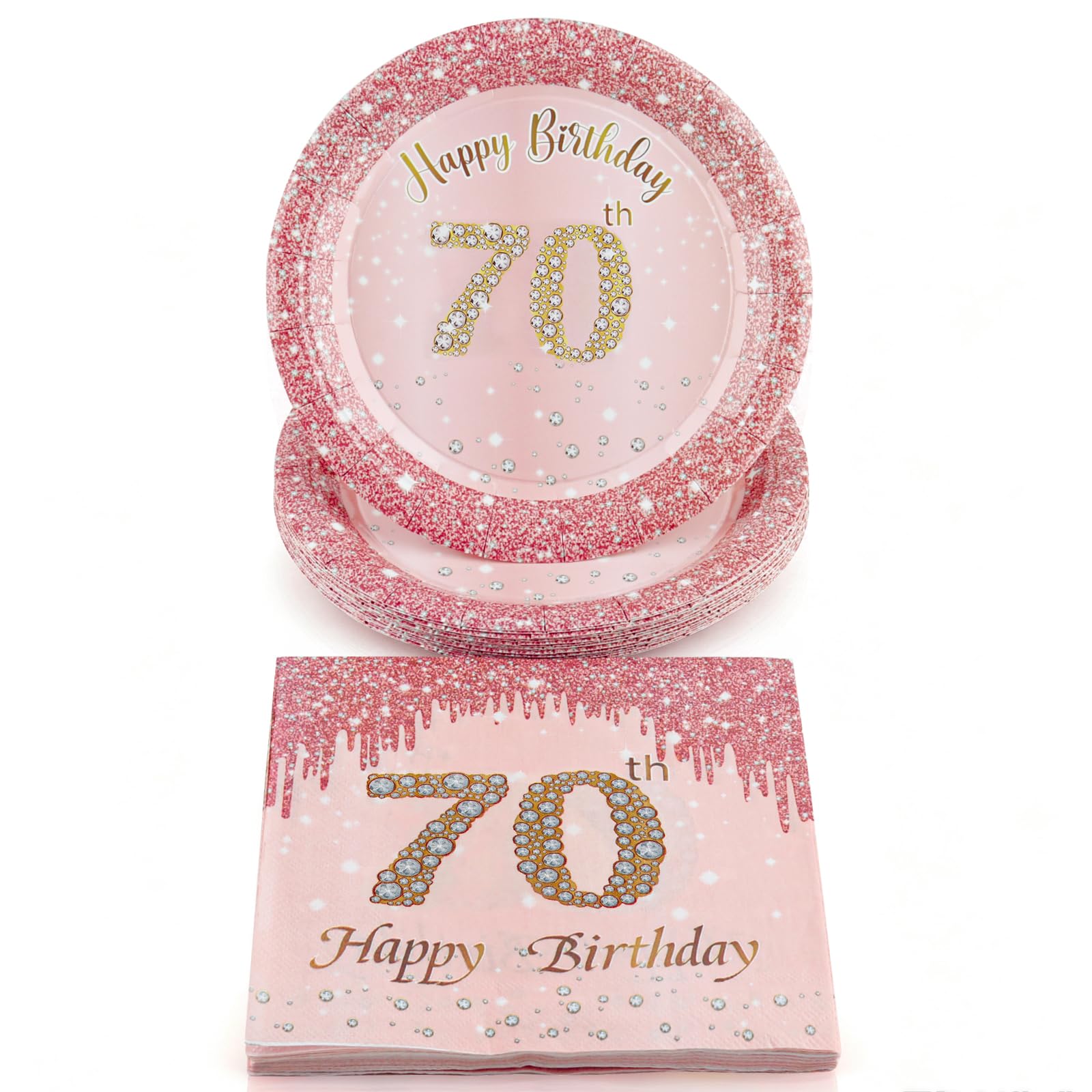 FUNCANDLE 40Pcs 70th Birthday Party Supplies, Rose Gold Diamond Disposable Paper Plates and Napkins Set, Serves 20 Guests, Happy 70th Birthday Table Decorations Girls Women Anniversary Party