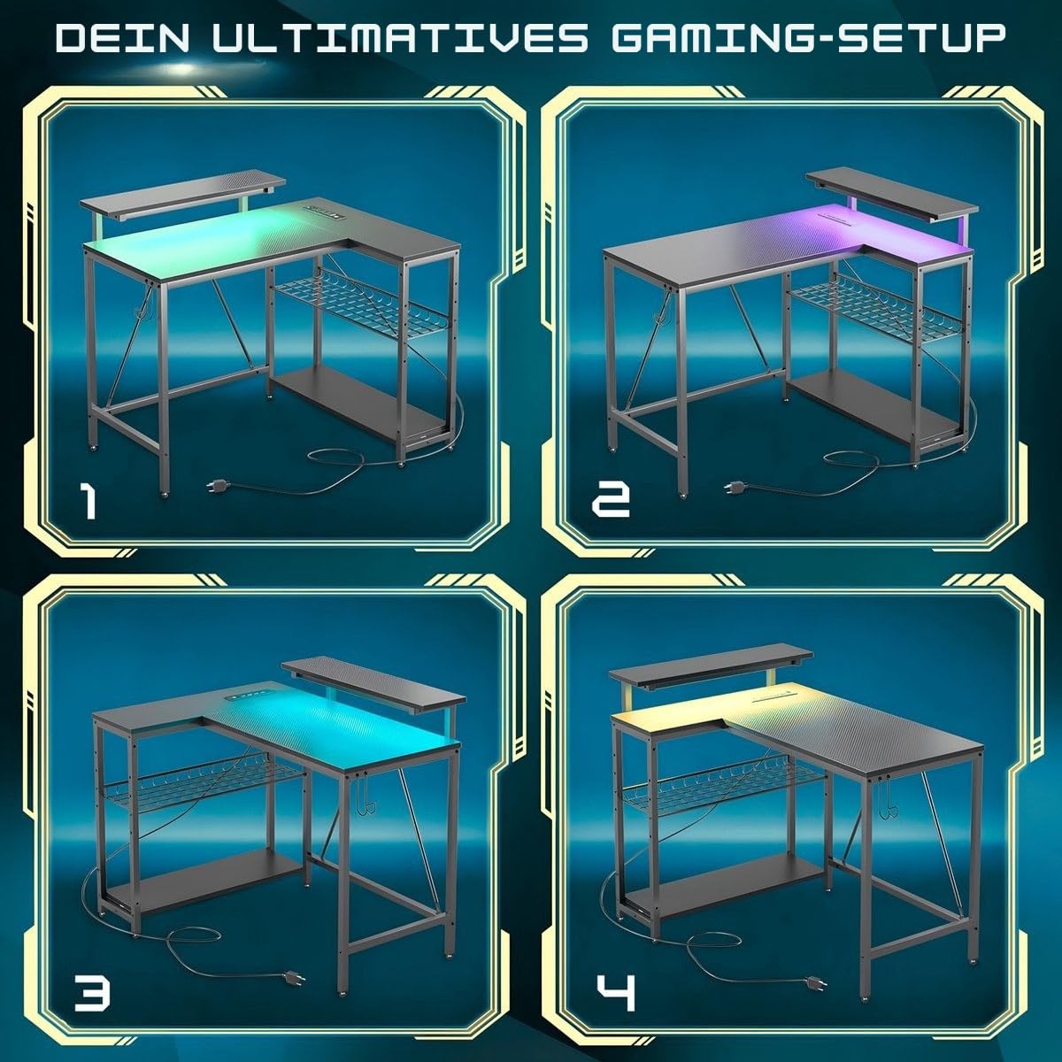 Five Stars® L-förmiger Gaming Schreibtisch - Computertisch - 107x80x76 cm - Gaming-Schreibtisch mit LED-Beleuchtung - Eckschreibtisch - Schwarz Carbon
