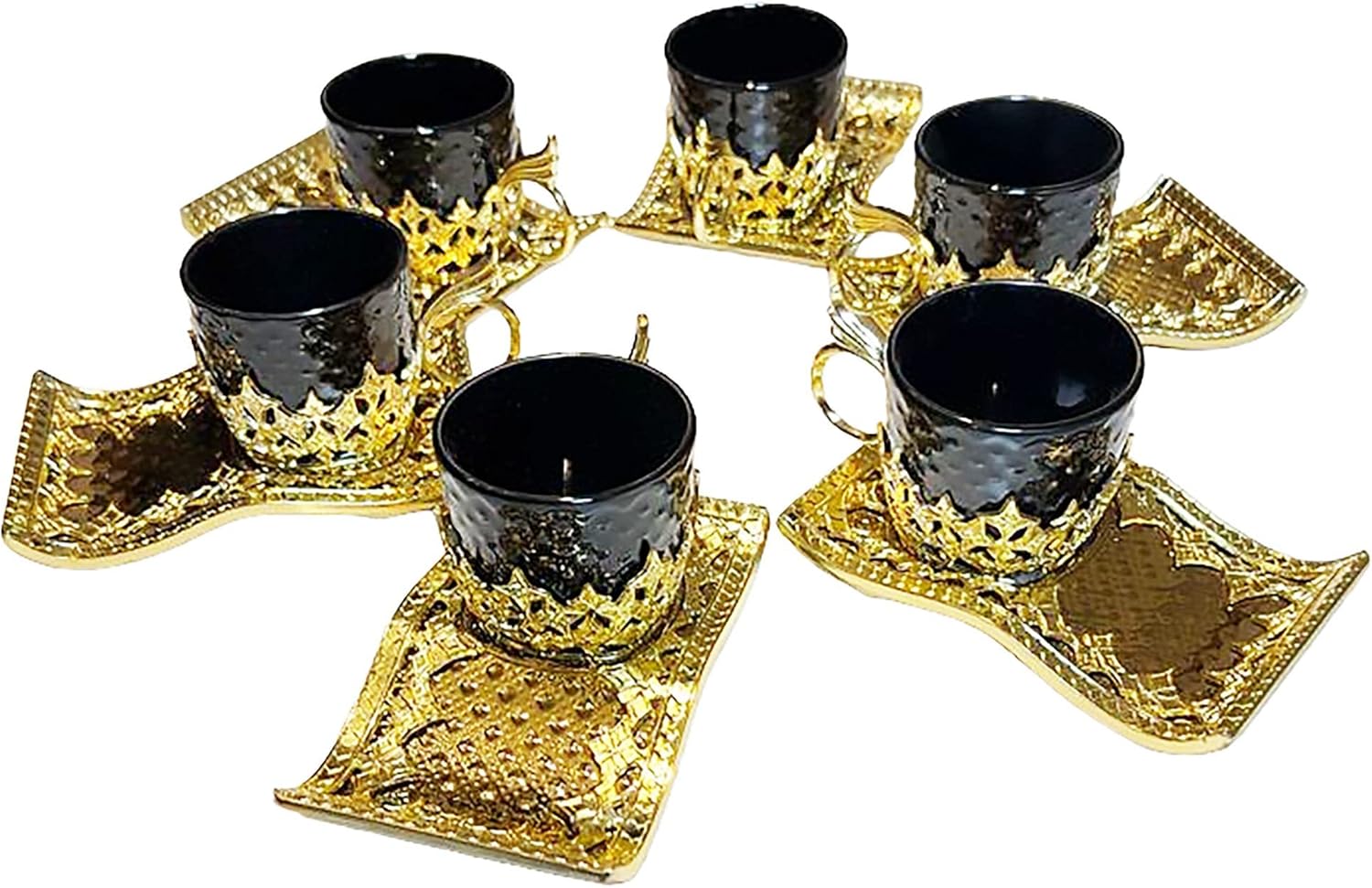 Chandler Porcelain Coffee Cup Set with Elegant Golden Acrylic Accent - 6 Round Cups and 6 Square Saucers - Ideal for Turkish Espresso and Arabica Coffee in Gift Box - 3 fl oz (Black)