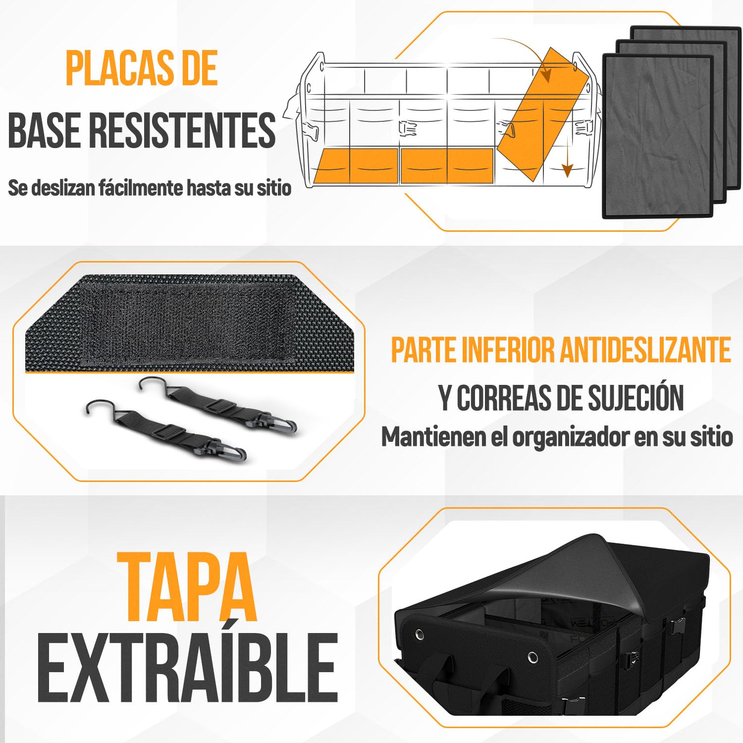 FORTEM Organizador Maletero SUV, Caja Plegable con Compartimentos, Accesorios Auto Mujer Hombre, Tela Oxford 1680D, Base Antideslizante, Correas Ajustables, Tapa Suave (90L)