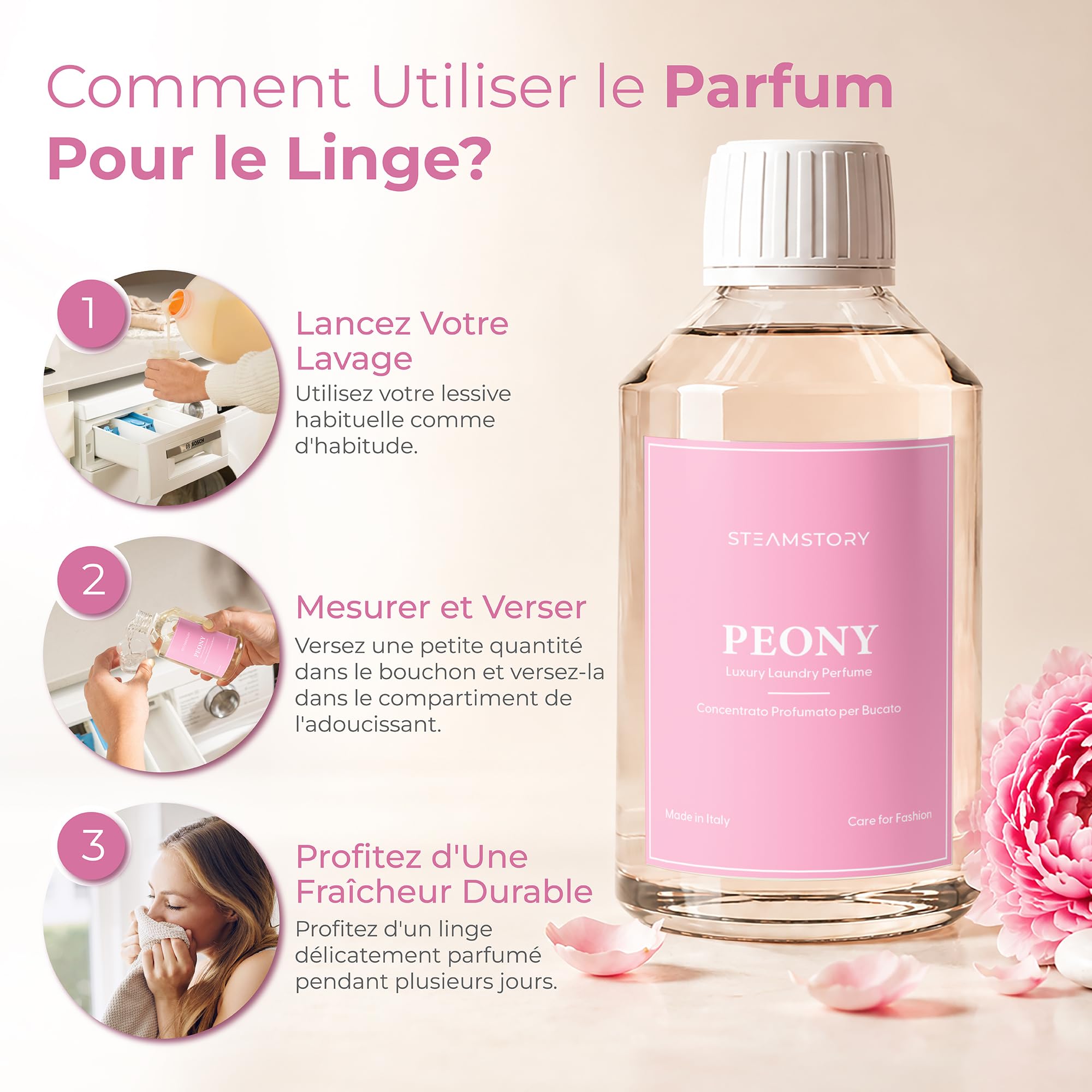 Lot de parfum de luxe pour linge - Parfum intense et fruité avec zircone, topaze bleue, pivoine et cristal - 4 x 250 ml