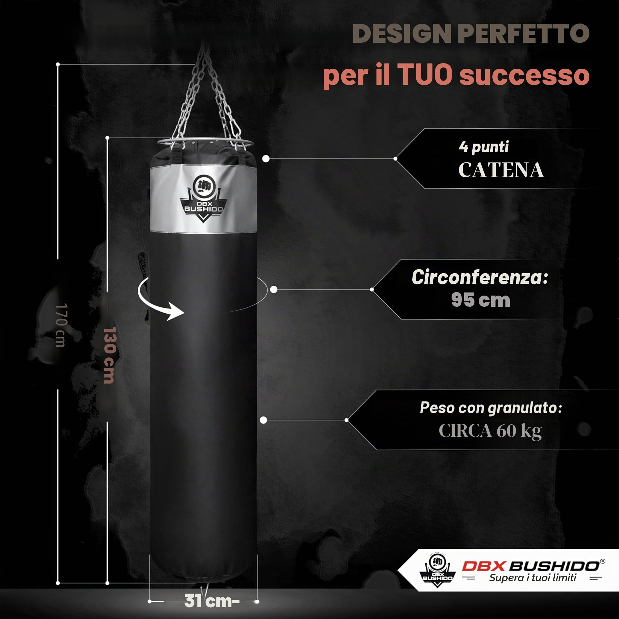 DBX BUSHIDO SPORT Sacco da boxe riempito con granulato di gomma 130 cm – Box Sack 60 kg – Training Boxe Sport e Kickboxing – Punching Bag…
