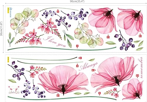 Miniatura 7 de DECOWALL SG2-106 - Calcomanías de pared con diseño de flores rosadas, diseño floral, vintage, para sala de estar, murales, despegar y pegar, para