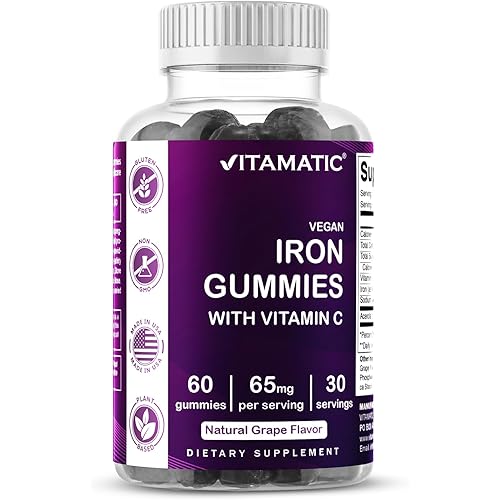 Vitamatic Iron 65 mg Gummies Supplement for Women & Men - 60 Vegan Gummies - Great Tasting Iron Gummy Vitamins with Vitamin C (1)
