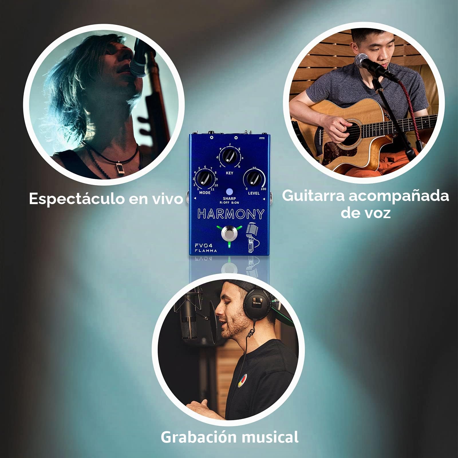 FLAMMA Pedal de armonía vocal FV04, procesador de efectos vocales, armonizador de micrófono de voz Stompbox con reverberación, 12 tonos con 11 modos de armonía diferentes, todo en uno para grabación
