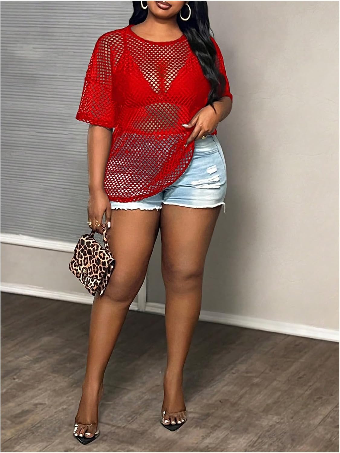 GORGLITTER Women's Plus Size Fishnet Shirt Tops Crochet See Through Short Sleeve Crew Neck Loose Y2K Fish Net Tees Top - Image 5