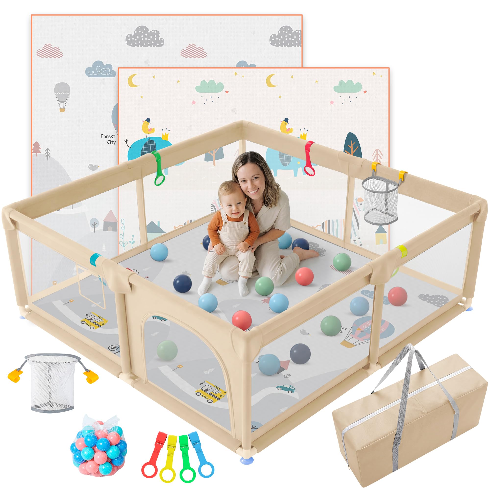 JUPPLIES Parque Infantil Bebe 120x120cm + Alfombra Bebe + Agarraderas + Canasta + 50 Bolas + Bolsas de Transporte | Corralito Bebe con Malla Transpirable (Beige)