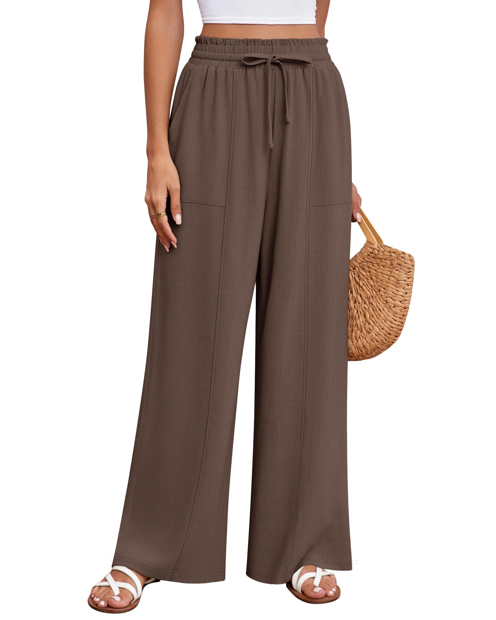 Huukeay Womens Linen Wide Leg Pants High Waist Flowy Palazzo Pants with Pockets Drawstring Summer Casual Work Trousers