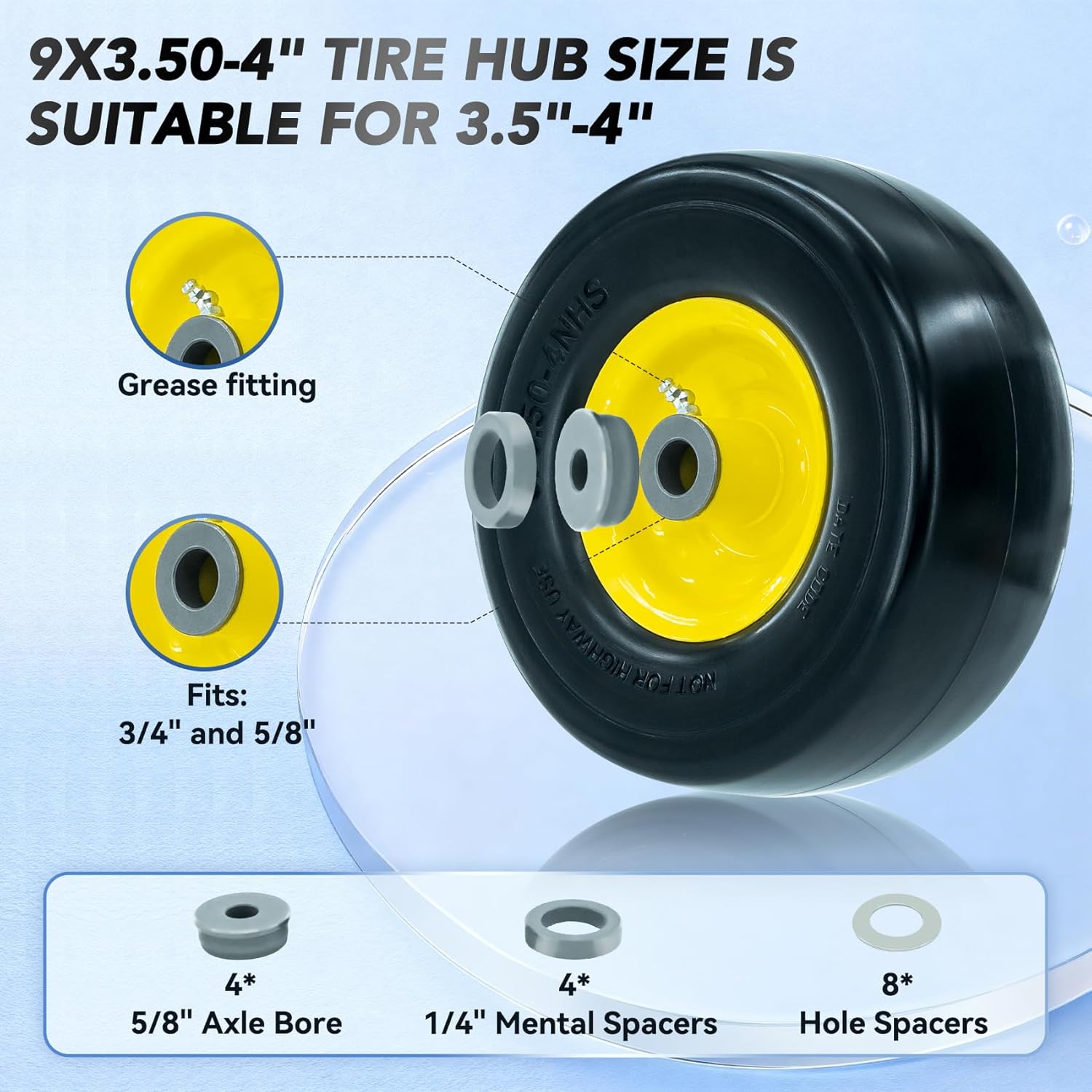 9x3.50-4 Flat-Free Lawn Mower Tire, Heavy-Duty PU Solid Tires with 3.5"-4" Centered Hub, 3/4" and 5/8" Axle Bore, 9" Solid Rubber Tire for Zero-Turn Mowers, Garden Carts, Yellow, 2pcs