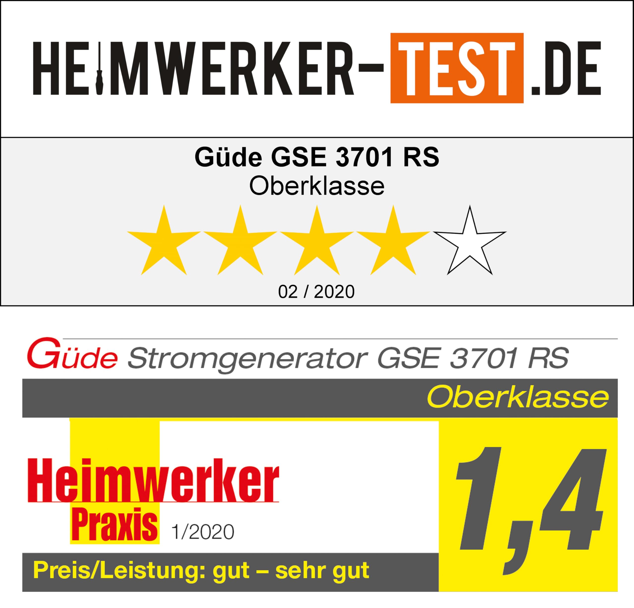 Güde Stromerzeuger GSE 3701 RS (4-Takt Motor, Benzin, 4/5,5 (kW/PS), 2x 230 V Steckdosen, max. 2800 W, Laufzeit bis 16 h, Tank 15 L, AVR, Überlastungsschutz, Fahrwerk, TÜV/GS, TEST GUT- SEHR GUT)