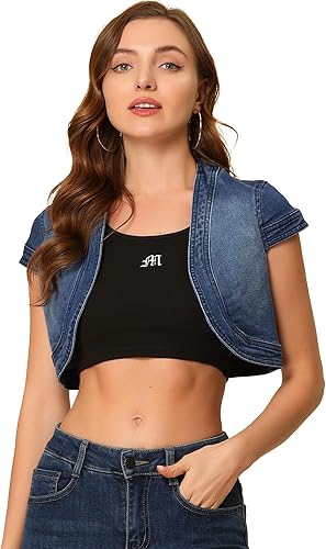 Allegra K Chaqueta de mezclilla corta para mujer, cárdigan de mezclilla casual, manga casquillo, trajes de verano, chaqueta de mezclilla