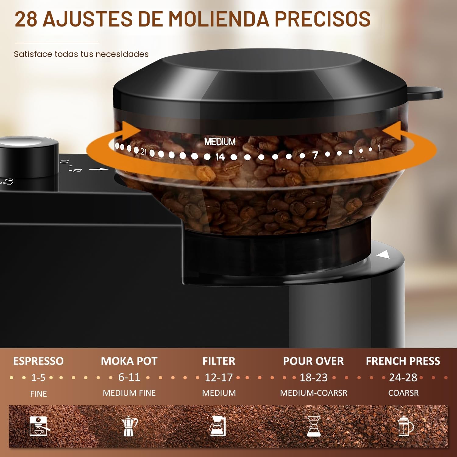 Molinillo de café eléctrico,Molinillo de café ajustable con 28 posiciones de molido precisas para prensa francesa, café de goteo y espresso,12 tazas (Negro)
