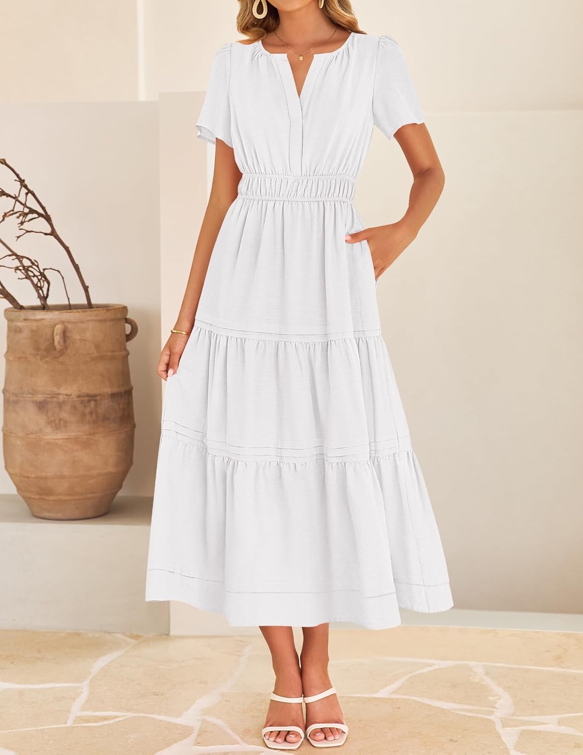 ZESICA Women's Summer Casual Short Sleeve Midi Dresses 2026 V Neck Elastic Waist Tiered Flowy Boho Dress with Pocket - Image 3