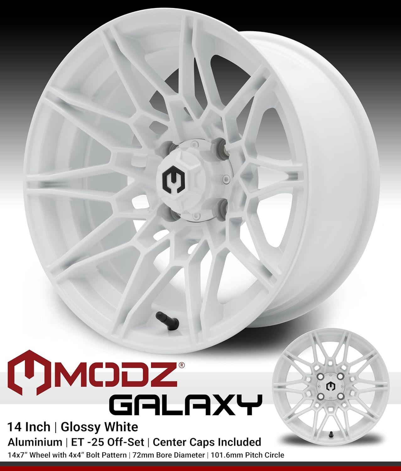 MODZ® Galaxy Glossy White 14" Golf Cart Wheels and Arisun Cruze (205/30-14) Low Profile DOT Golf Cart Tires Combo - Set of 4