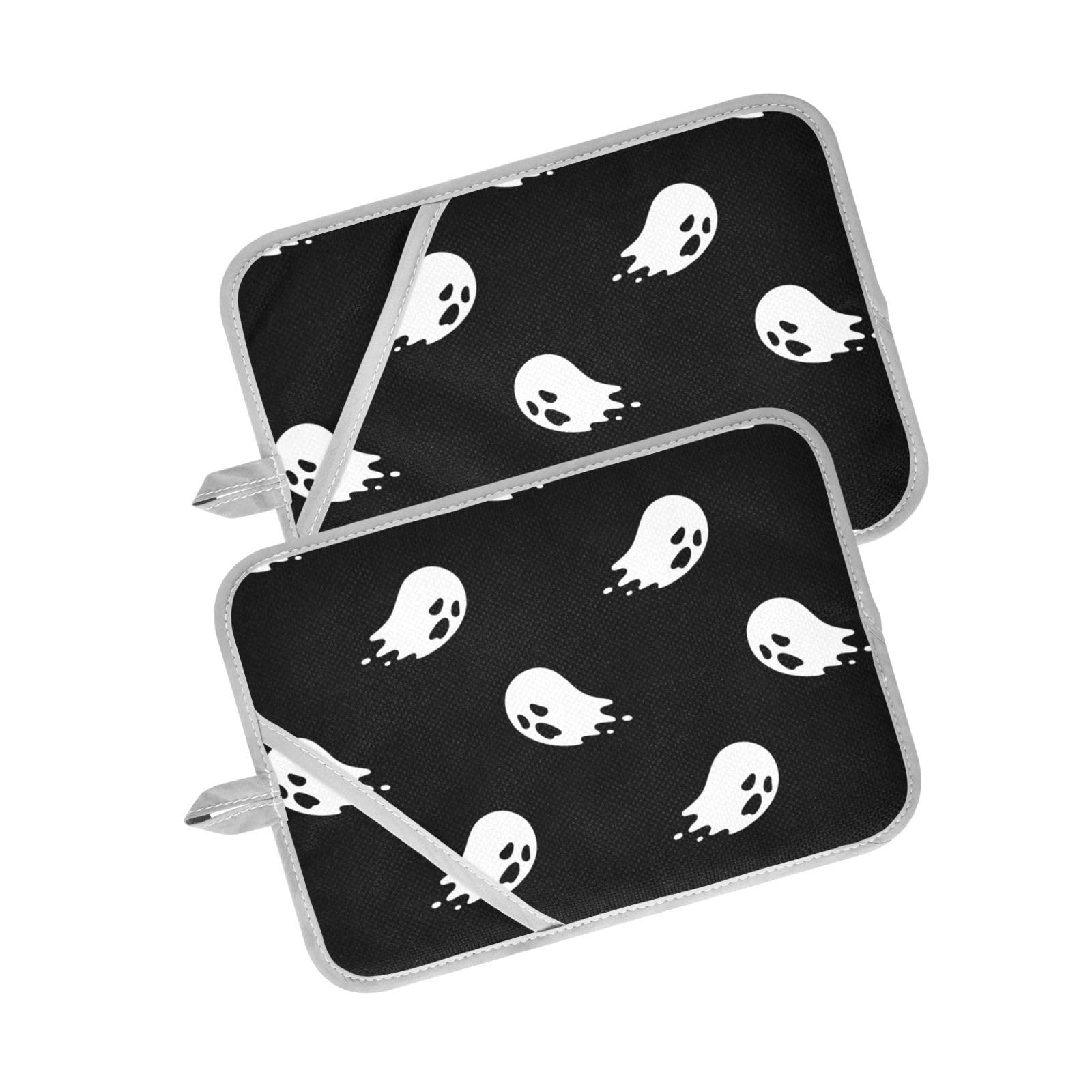 Aflyko Halloween Potholder Doodle Spooky Ghost Oven Hot Pad with Hand Pocket Pot Holder Set 2 Pack Oven Mitt with Hanging Loop Kitchen Countertop Trivet Baking, Cooking, BBQ