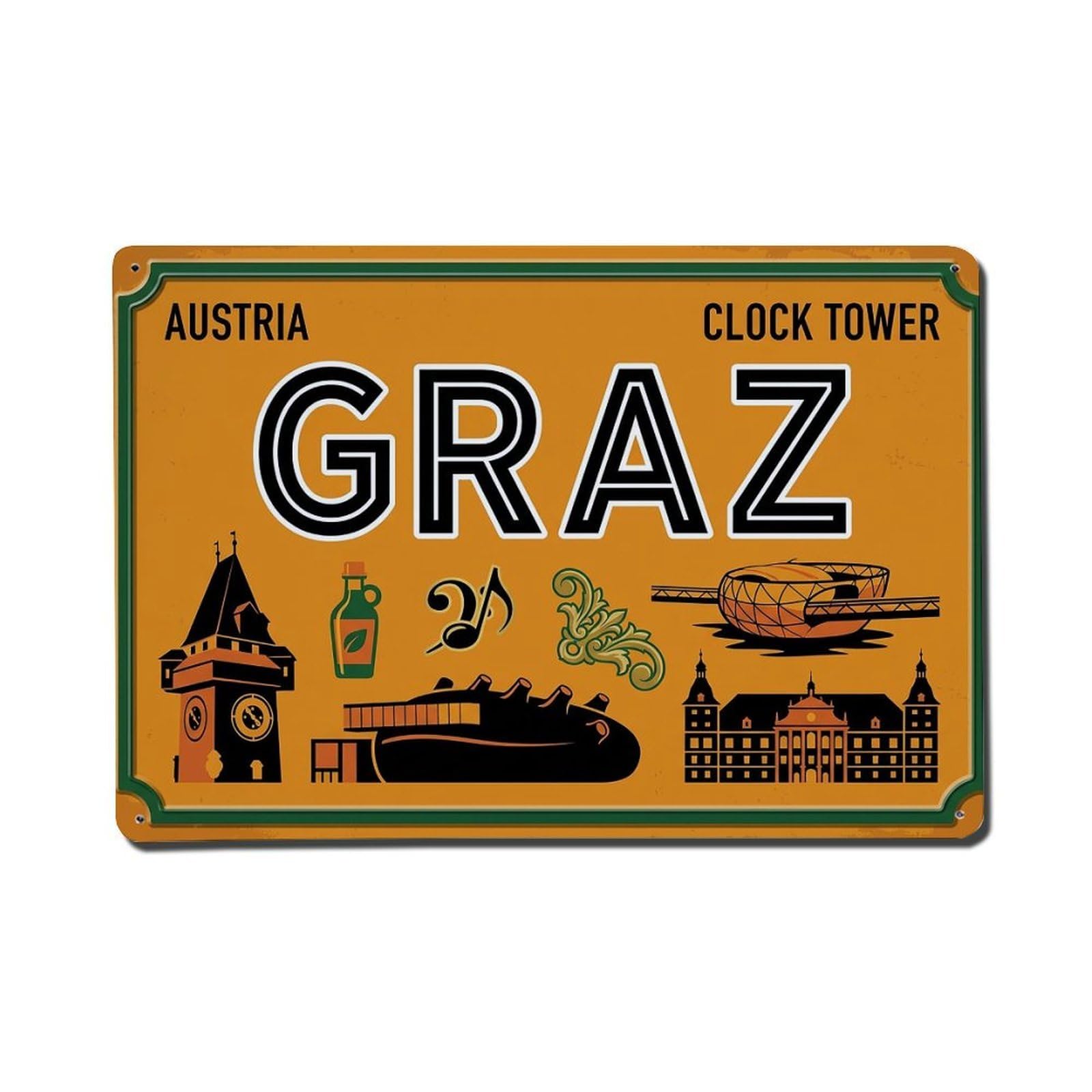 Cwbufd 8X12inch(20X30cm) Vintage Travel Graz Clock Tower Pumpkin Metal Tin Sign Plaque Wall Decor For Cafe, Club Bar, Office, Garden Metal Poster 8X12inch