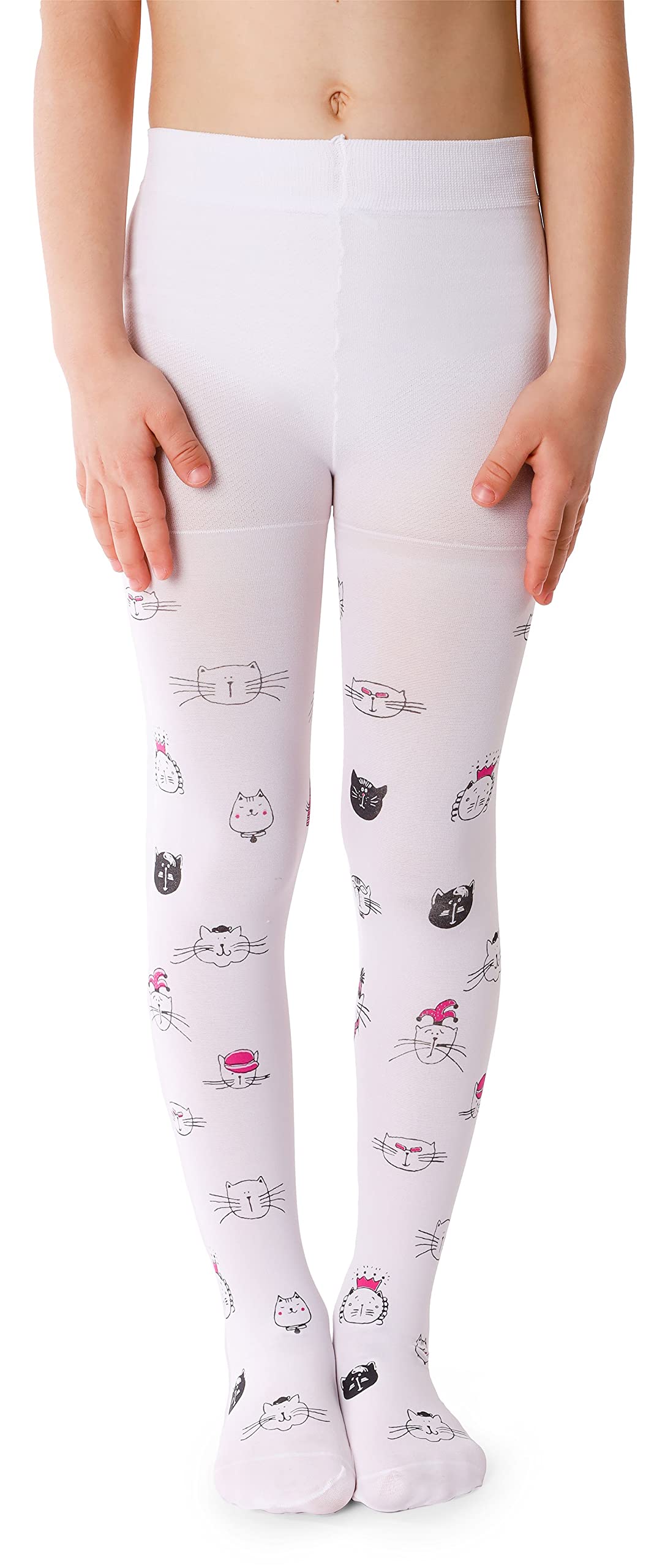 Noq Girls Crazy Cat Bianco Children Thin Tights With Beautiful Print Patterned Pantyhose 40 Den School Dance Ceremony Casual, 8-9 Years (128-134)