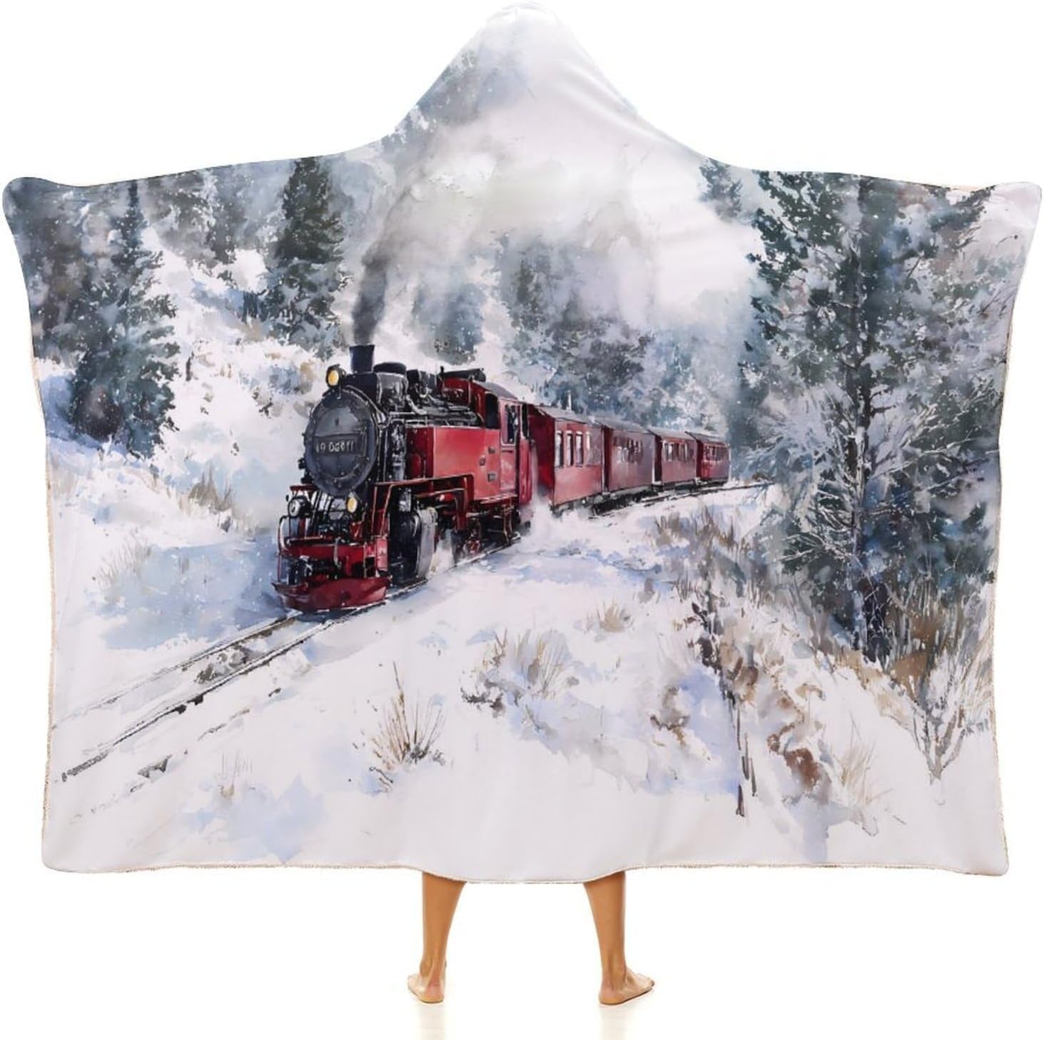 Vintage Steam Train Snowy Winter Wearable Blanket Hoodie | Flannel Fuzzy Machine Washable Home Camping Lounging