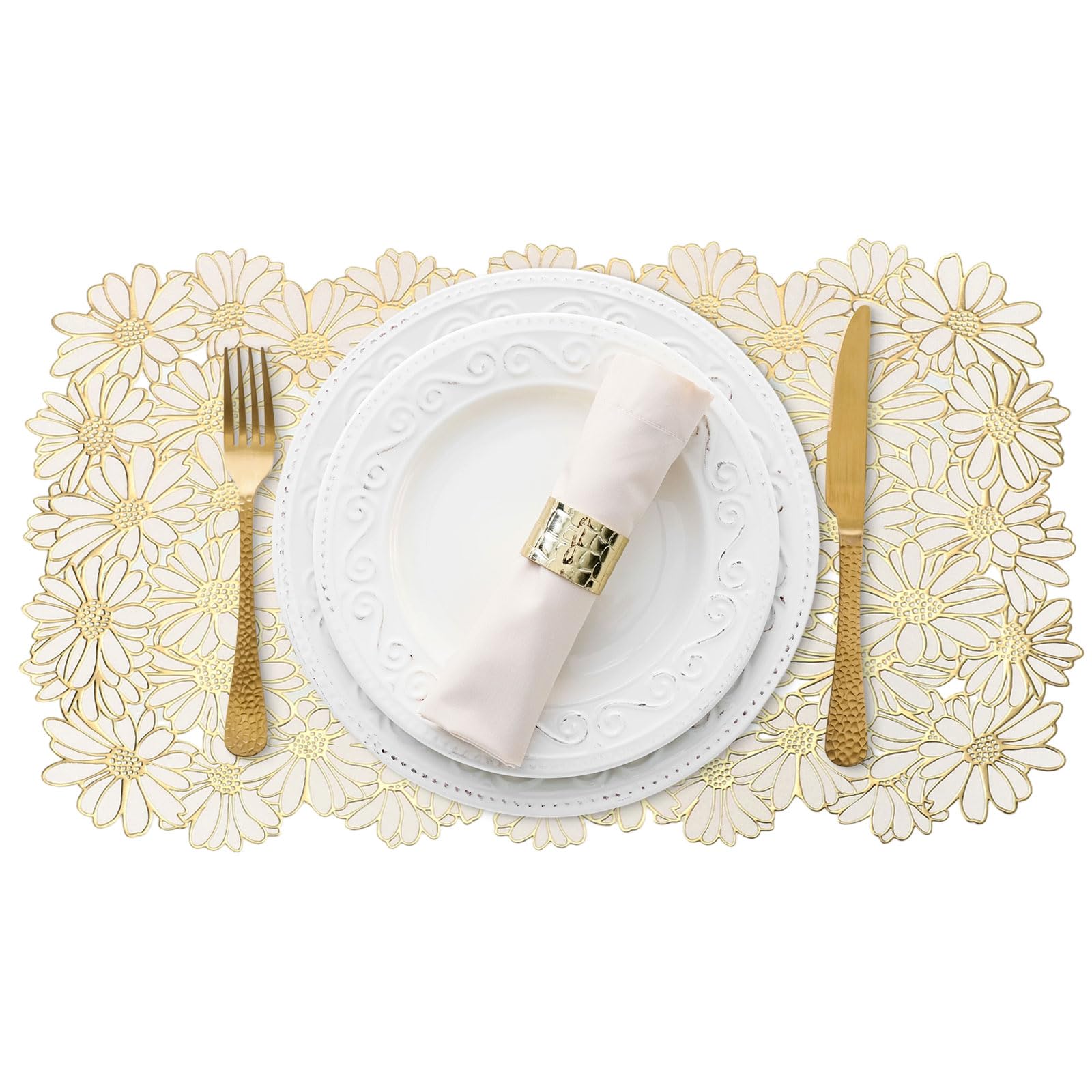sourcing map 6Pcs White Gold Rectangle Placemats, 30x45cm Metallic Dinner Table Mats Hollow Floral Out Pressed Non-Slip Wipeable Hot Dish Pad Trivet Pot Rest for Dining Tables Kitchen Party