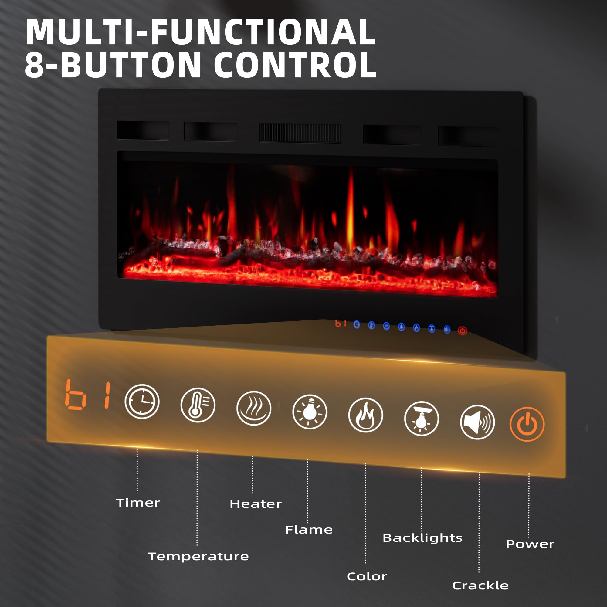 Camino Elettrico 92cm 900W/1800W Fiamma 12 Colori Scintillio Termostato Preciso 15-30°C Touchscreen Telecomando
