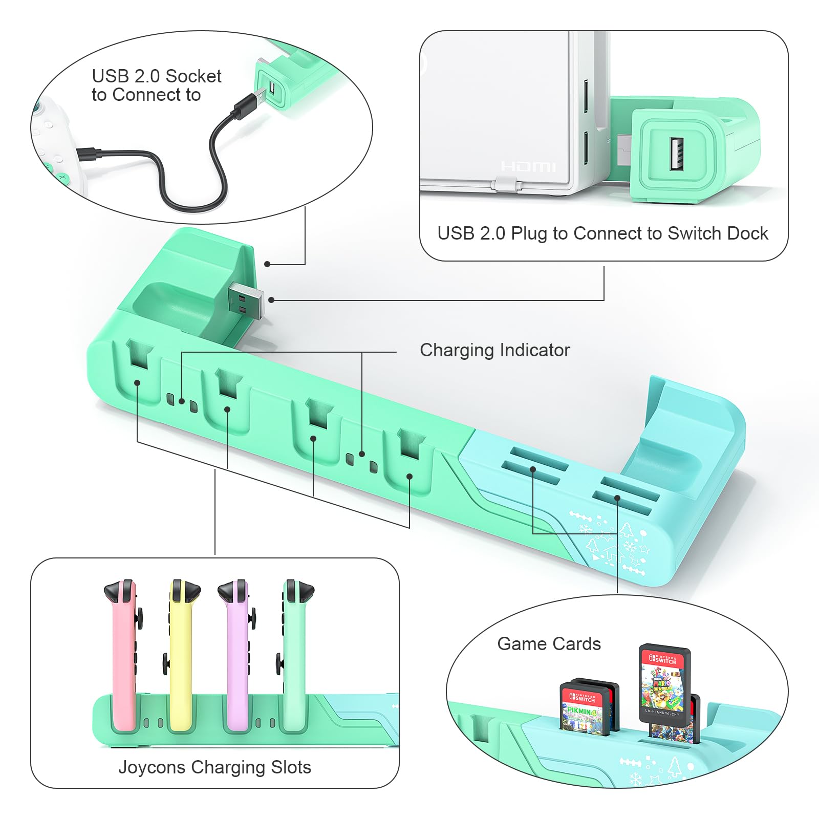 Animal Crossing Edition Switch Controller stacja dokująca do ładowania – ładuje do 6 joyconów, kompatybilny z modelem Nintendo Switch & Switch OLED, złącze USB-C, przechowywanie kart do gier