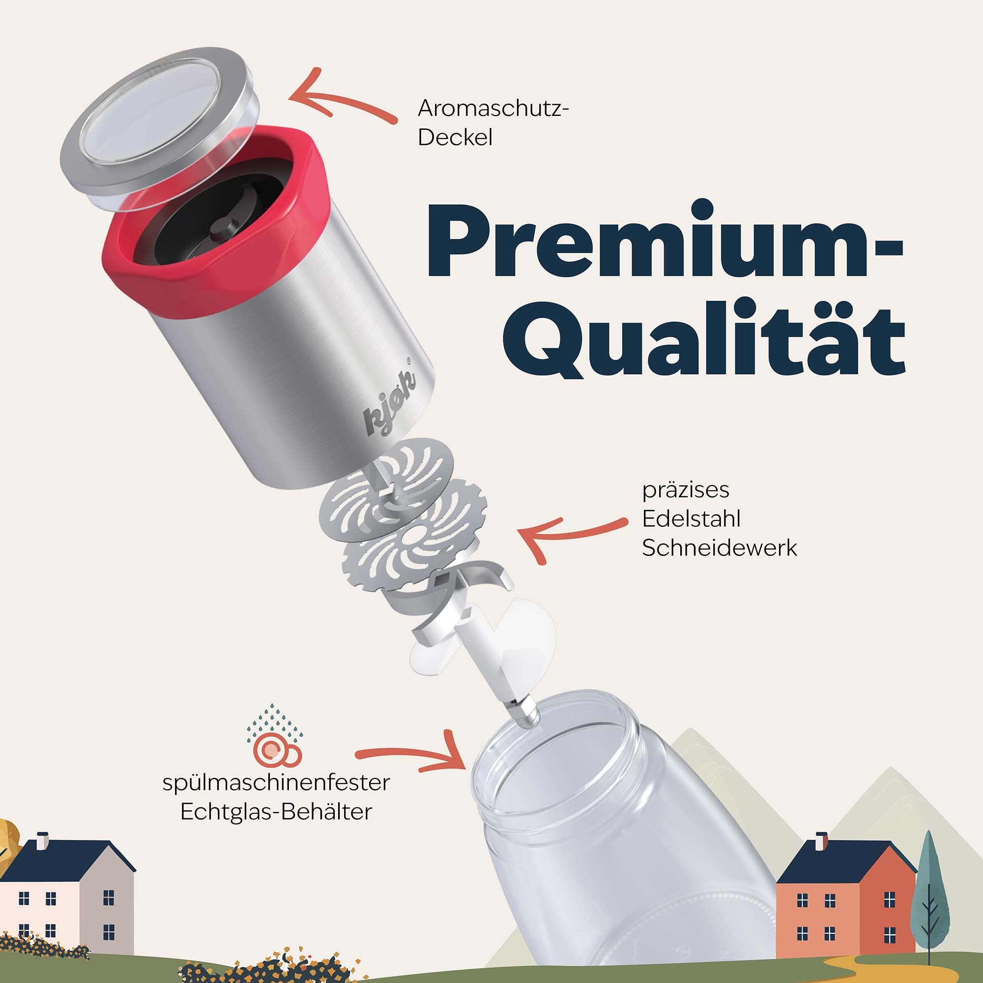 kjøk Młynek do chili 100 ml, stal i szkło – młynek do przypraw | Ręczny młynek do chili ze stalowym mechanizmem tnącym i szklanym pojemnikiem – z pokrywką chroniącą zawartość