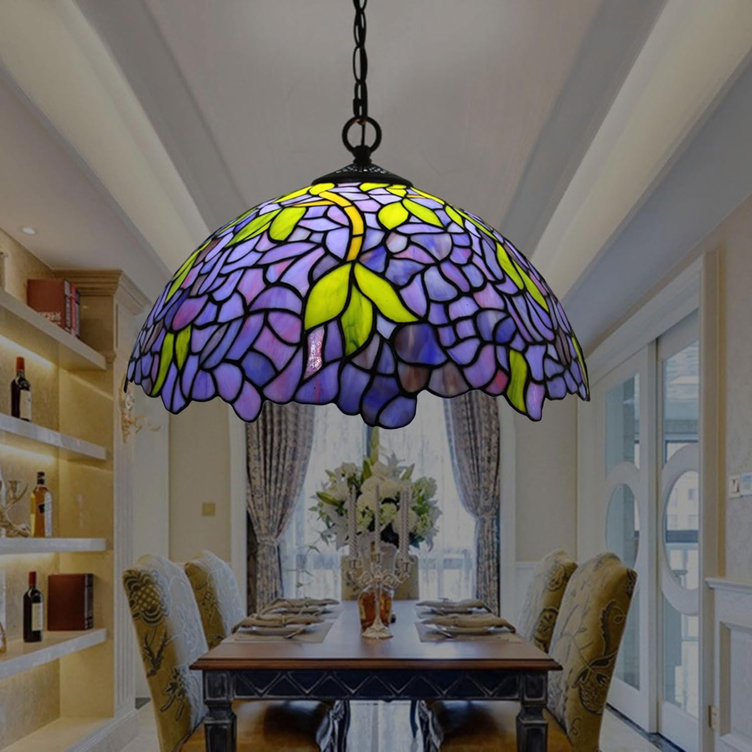 16 Inch Wisteria Lamp Shade Replacement Only Tiffany Stained Glass Lamp Chimney, Vintage Handmade Green Leaf Blue Elegant Floral Light Cover Accessories for Table Lamp Floor Lamp