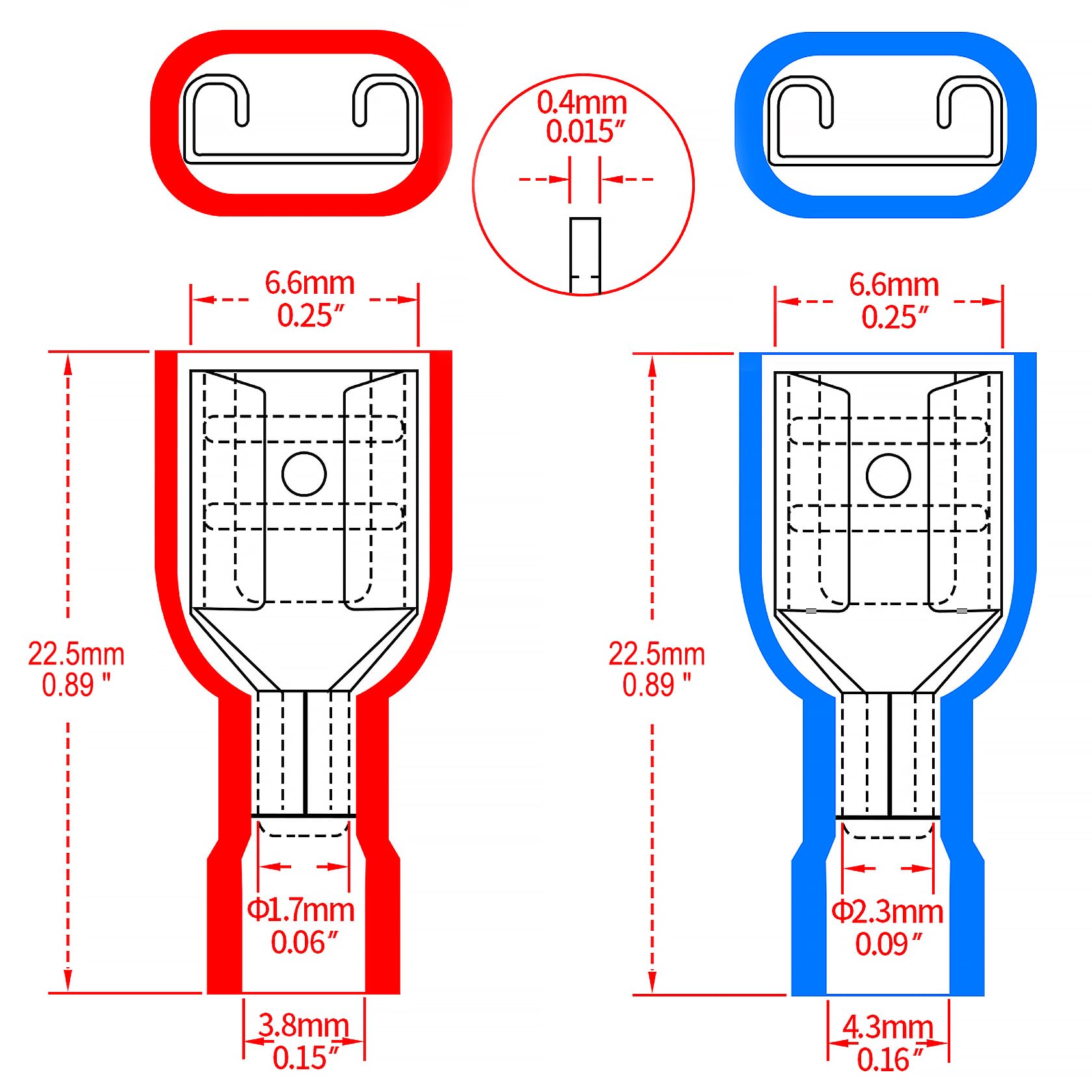 Heschen Terminales rápidos hembra de vinilo totalmente aislados 6.3x0.8mm, rojo para 0.5-1.5mm² (22-16 AWG), azul para 1.5-2.5mm² (16-14 AWG), 100Pack
