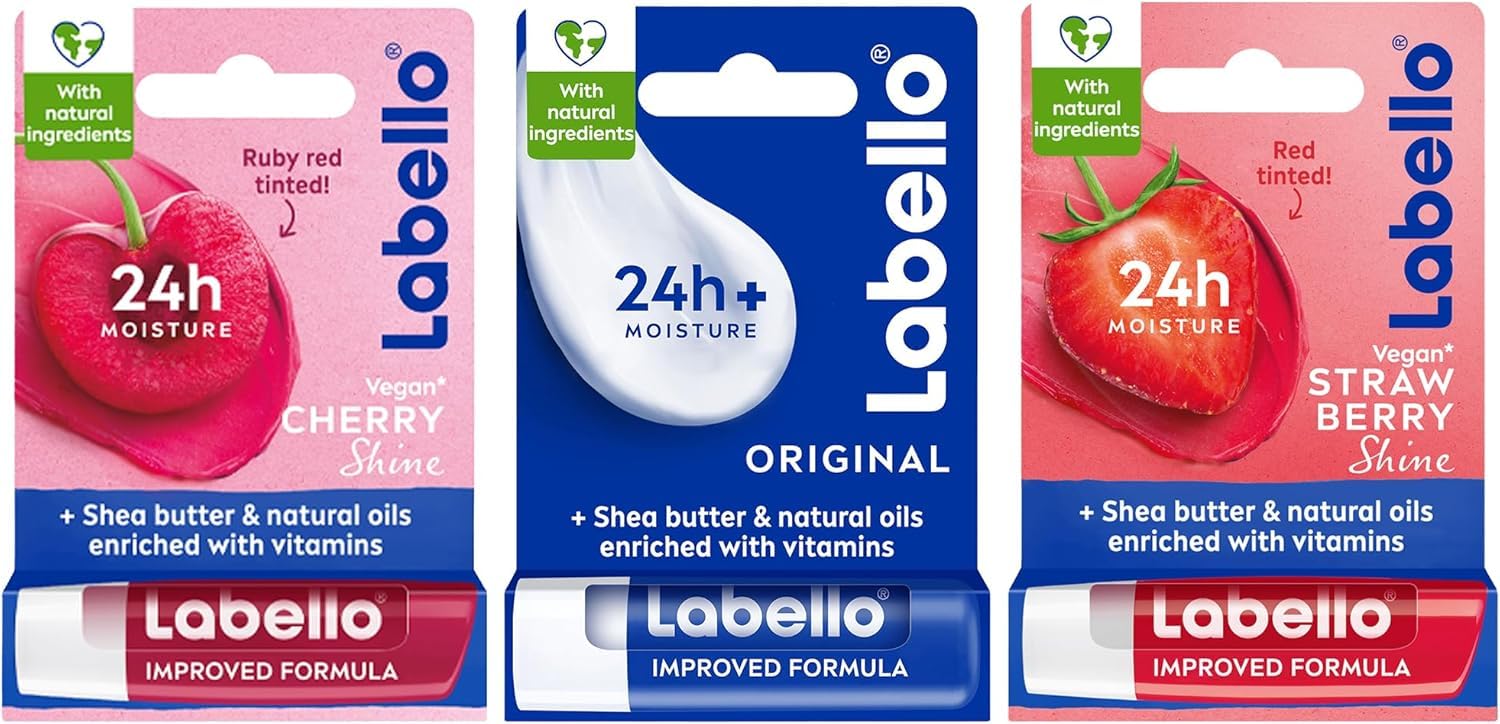 Labello Lip Balm Moisturising Care Bundle: Cherry Shine, Original With Shea Butter, Strawberry Shine (4.8g Each)