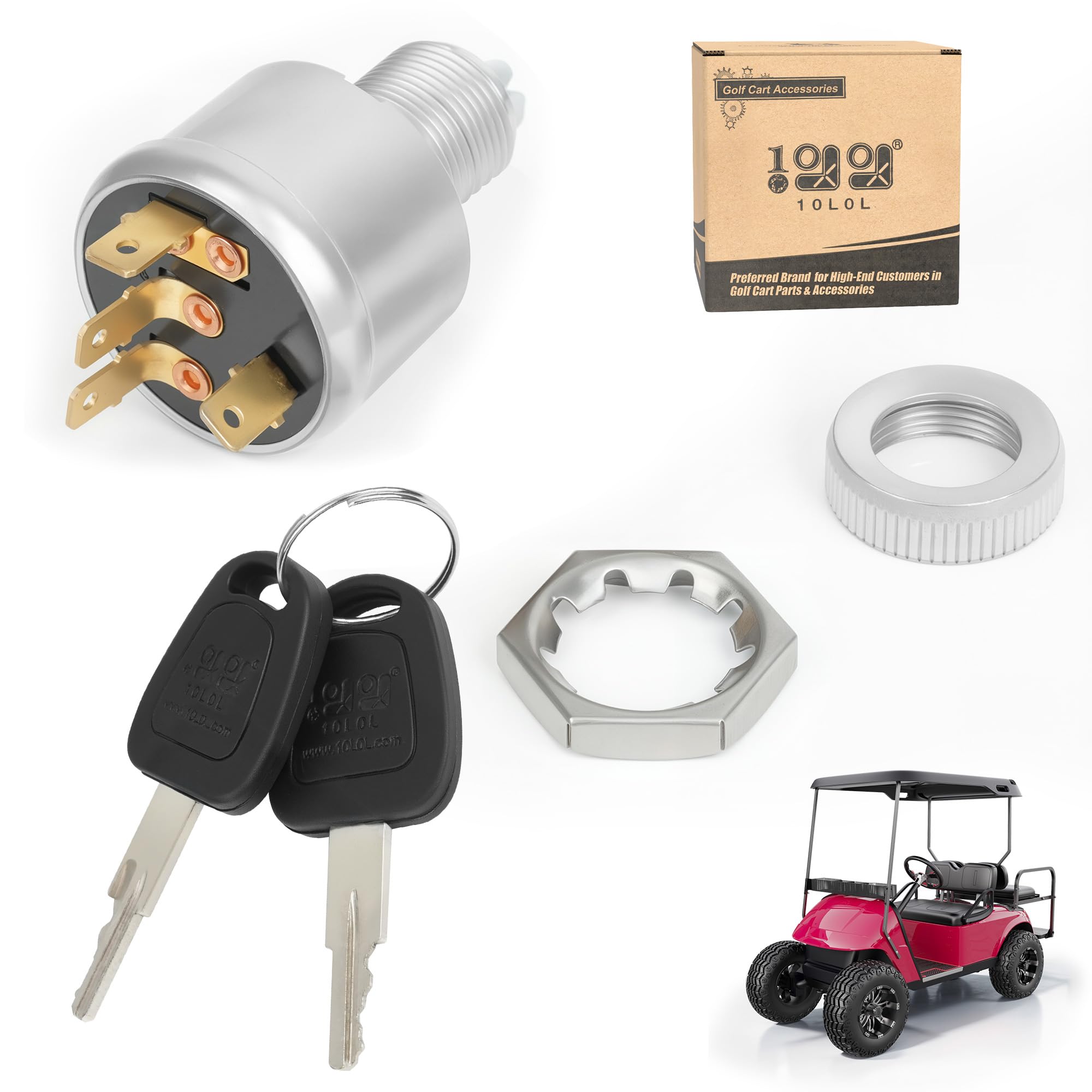 Photo 1 of 10L0L Ignition Switch for EZGO Golf Carts (1981-Up) - 4-Terminal Key Starter Switch Compatible with TXT, Workhorse, ST, Shuttle & Medalist Models - Replace OEM 33639-G01 (Standard Key)