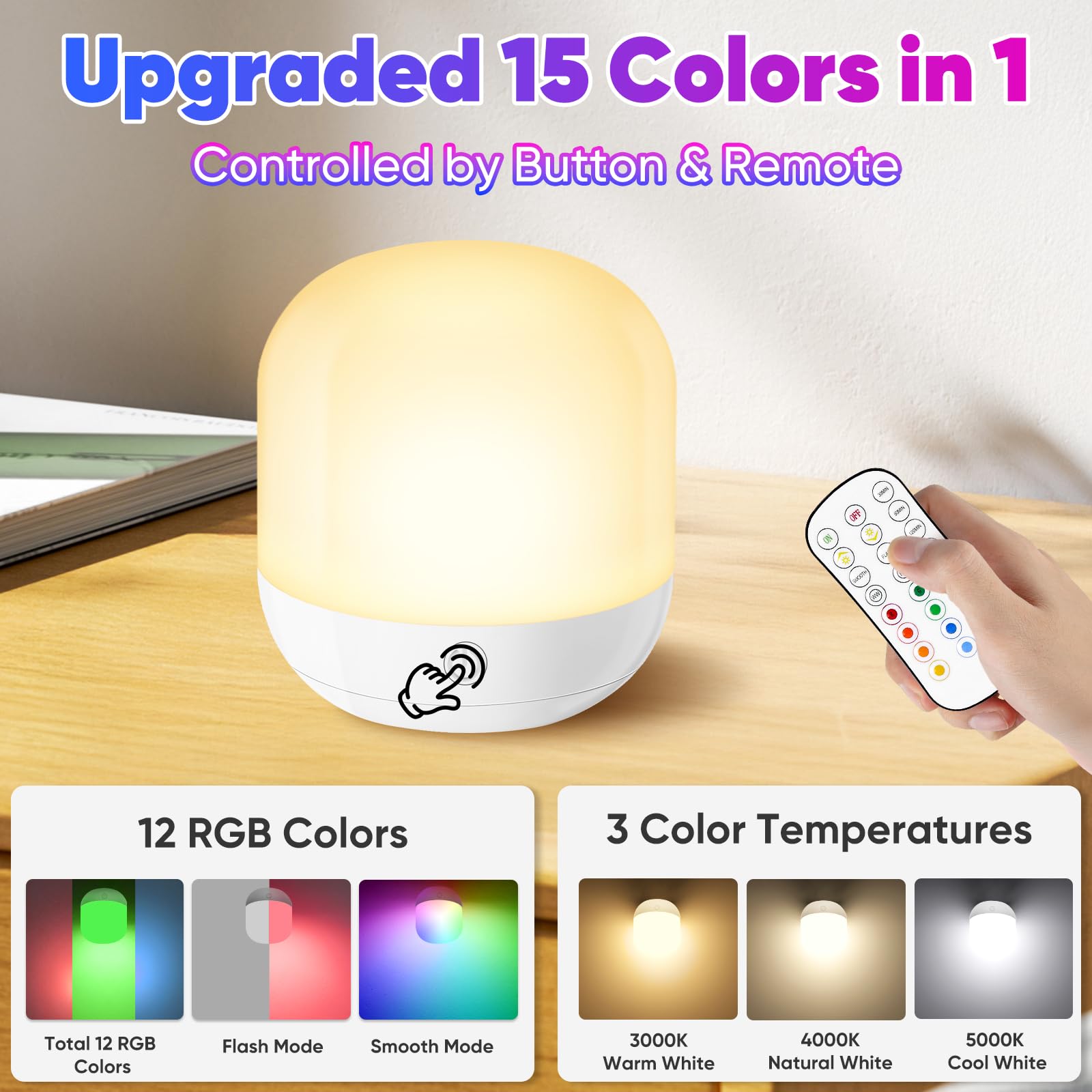 Juego de bombillas recargables que funcionan con pilas con estación de carga magnética 3 en 1 y control remoto, bombilla LED desmontable regulable inalámbrica con 15 colores seleccionables para
