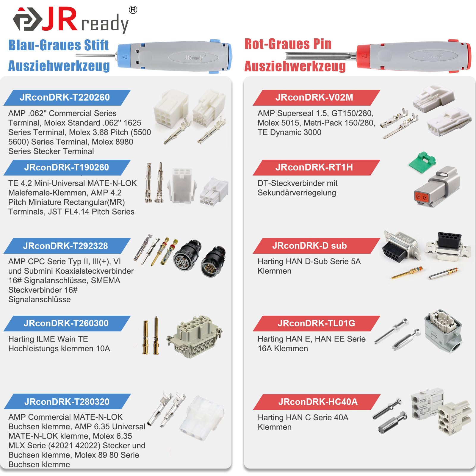 JRready JRconDRK21A20-01 Auspinwerkzeug-Kit, neues Entriegelungswerkzeug mit Schutzhülle, kompatibel mit Deutsch DT-Serie, Molex Micro-Fit-Serie, Metri-Pack-Serie, TE, AMP, Harting, WAIN D-Sub-Serie