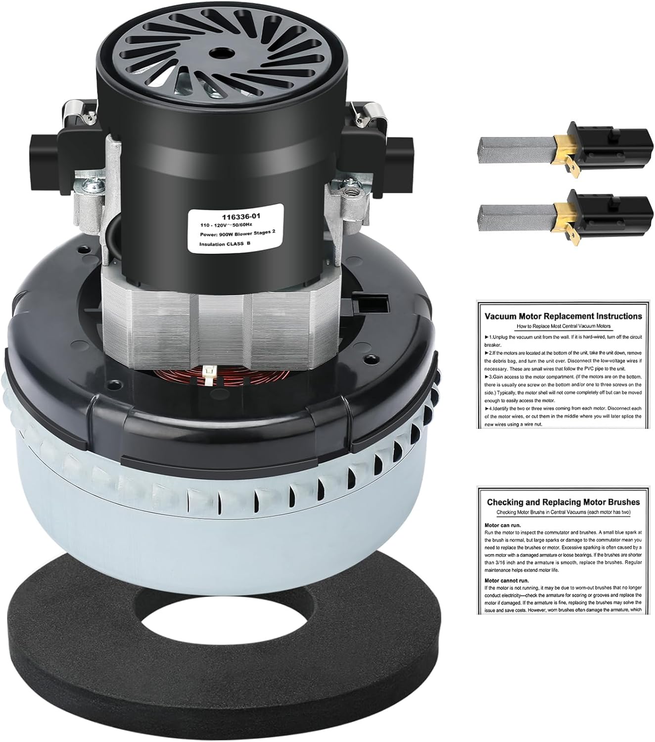116336-00, 116336-01 Vacuum Motor 120V 2-Stage High Efficiency Low Noise Replacement for 56207802, 44903A, 380001, 14800，CAV26，296439 with Motor Gasket 566 (5.7 Inch, Peripheral Bypass Design)