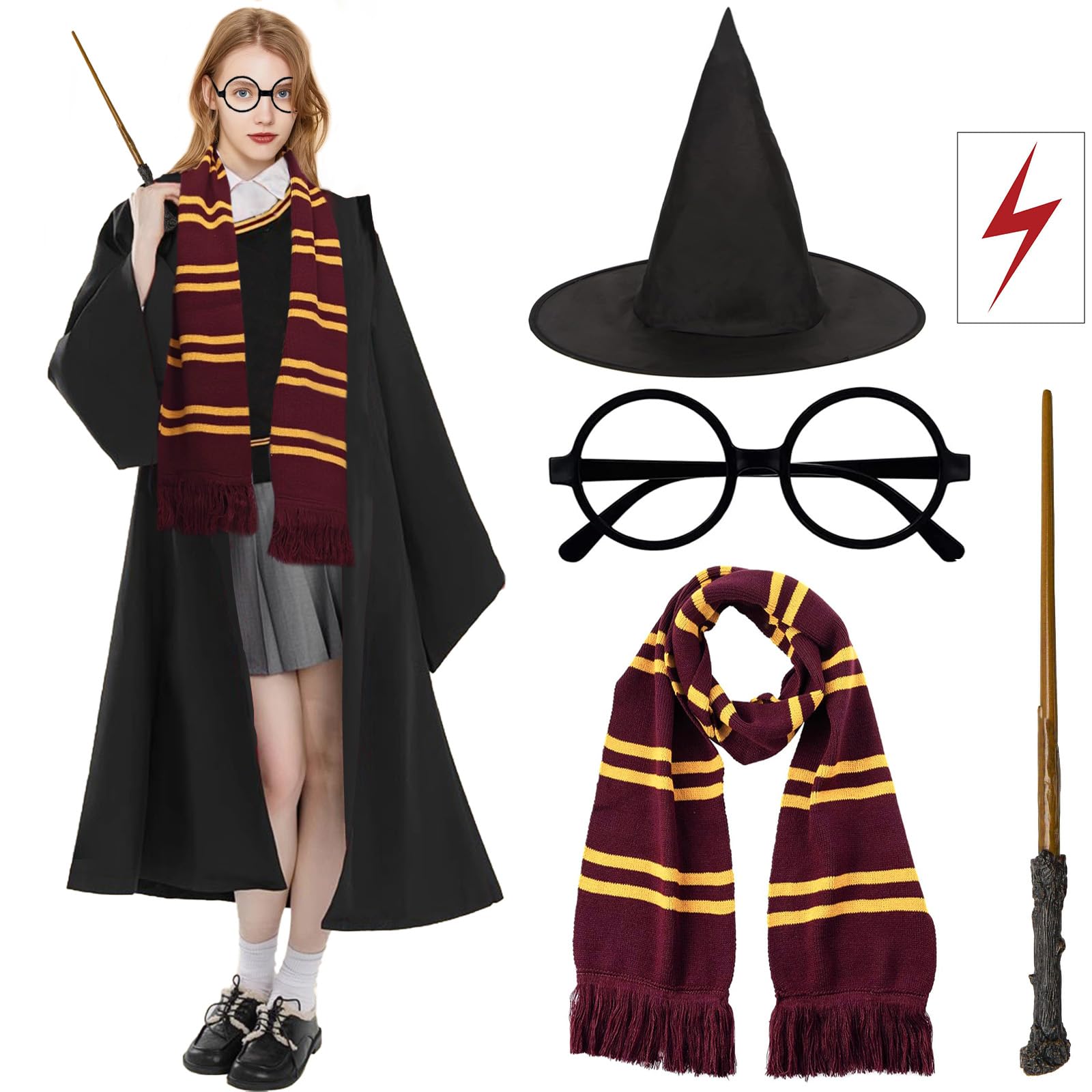 7 Pcs Wizard Costume Set for Adult, Wizard Fancy Dress Harry Cosplay Accessories Outfit with Robe Scarf Glasses Tattoo Sticker Wand Tie Magic School Uniform for World Book Day Halloween Cosplay (L)