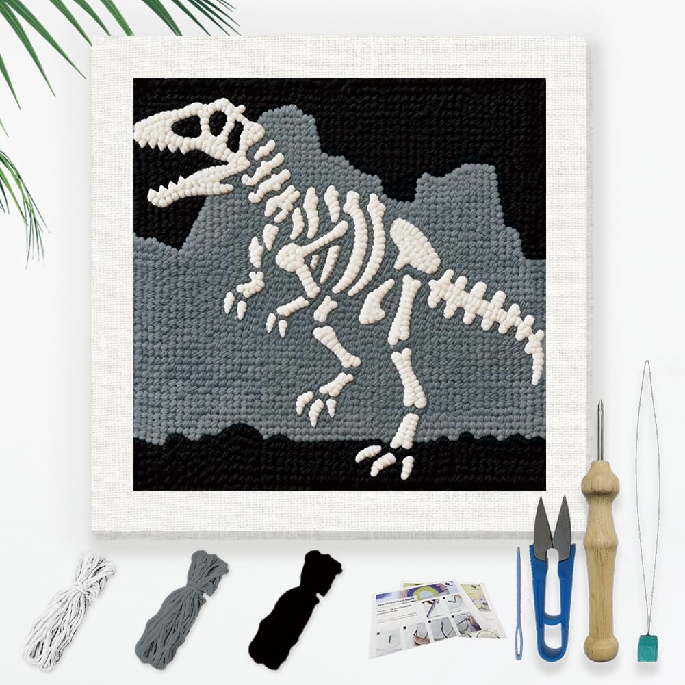 DOODLREAM Tyrannosaurus Rex Skeleton DIY Punch Needle Embroidery Kit for Adult Beginner, 9.4" Dinosaur Punch Stitching Craft Set for Starter with Frame, Fabric Pattern, Threader, Yarn, Punch Needle