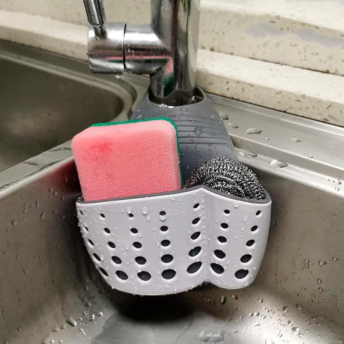 Primeway ® Silicone Kitchen Sink Sider Faucet Caddy|Sponge Holder with Adjustable Strap|Bathroom Organizer|Bathtub Hanging Storage Cleaning Supplies|Brush,Dishwashing Accessories Rack|White & Grey