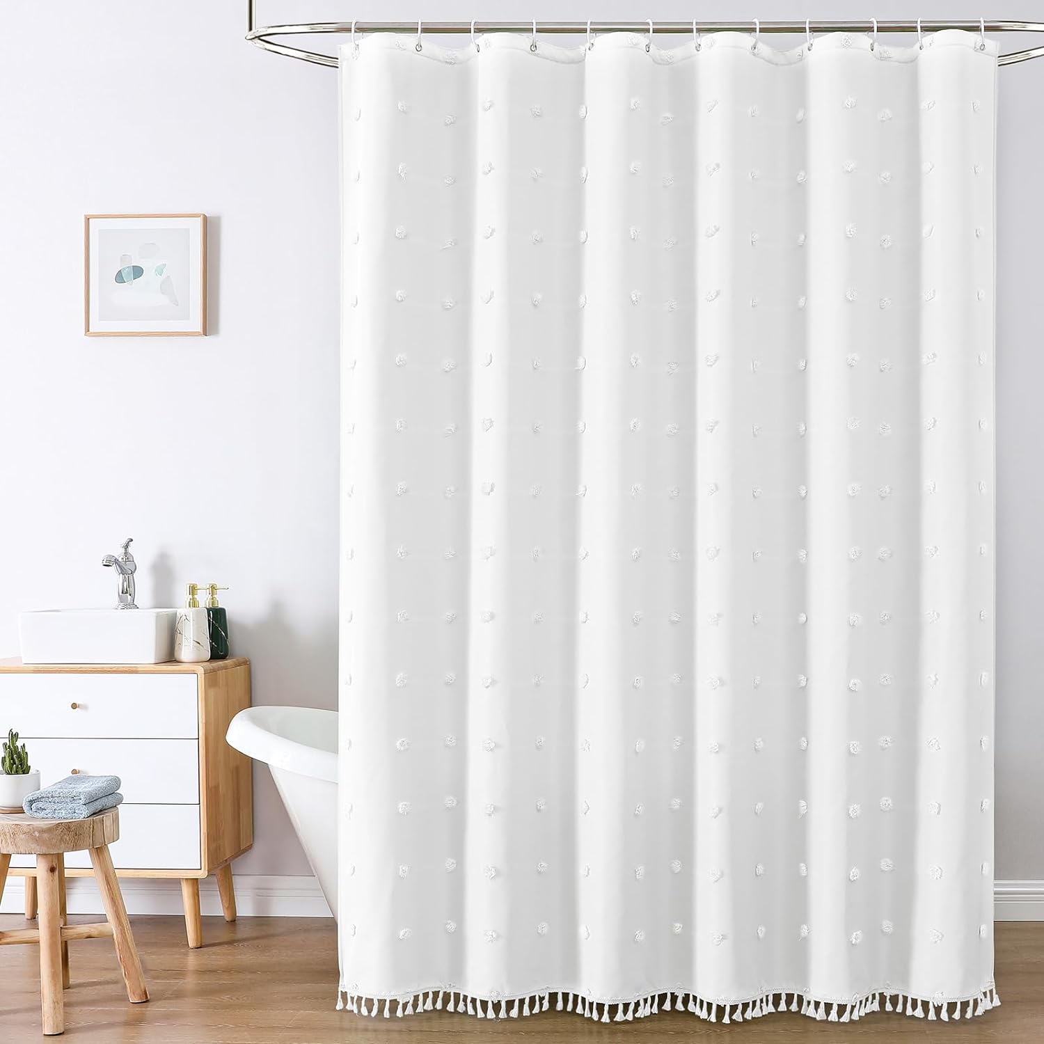 LilyCat Boho Farmhouse White Fabric Shower Curtain, 72x84 Tufted Pleat Floral Puffs Textured Tassel Cute Rustic Vintage Shower Curtain for Bathroom, Minimalist Cloth Shower Curtain Set with Hooks