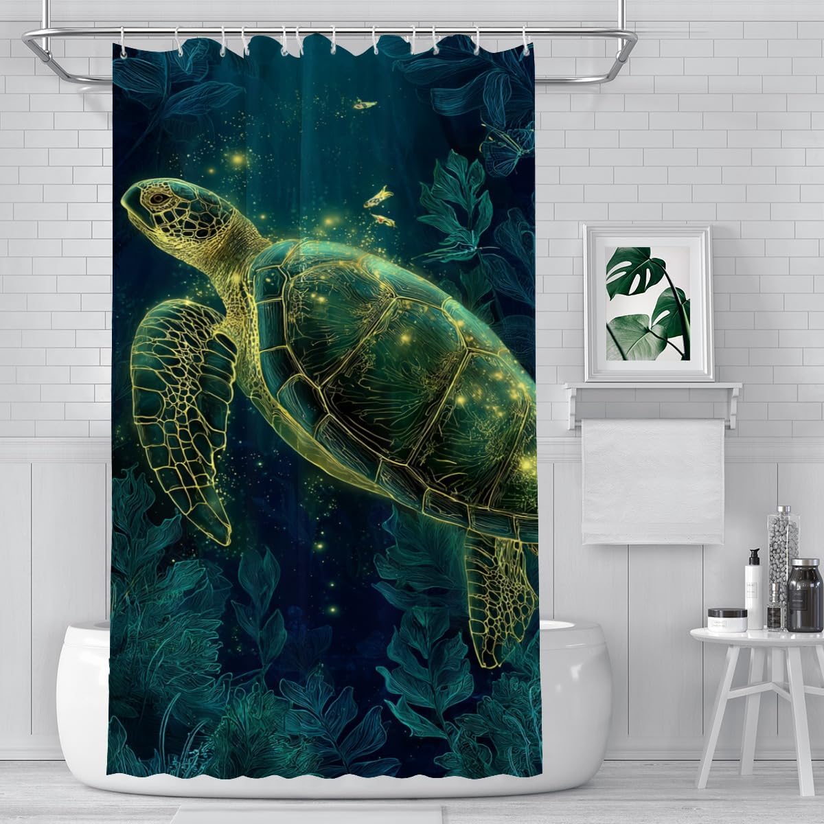 Natural Shower Curtain, Northern Lights Sun Space Panorama Above The Magnetic Pole of The Rockies, Fabric Bathroom Decor Set with 12 Hooks, Purple Emerald Green 72 * 72 inches