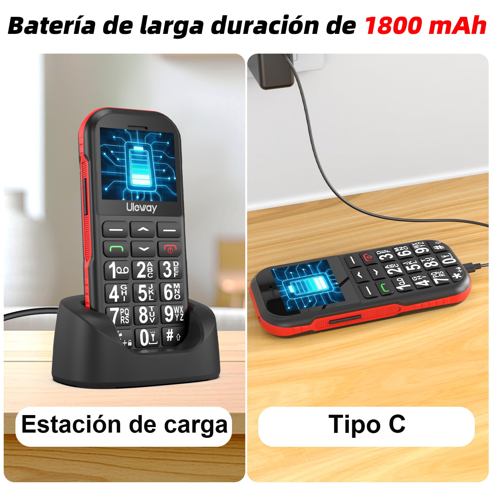 CHAKEYAKE Móvil para Personas Mayores 4G Libre con Teclas Grandes, Batería 1800mAh Larga Duración, USB-C, Función SOS, Linterna, Base de Carga, Negro