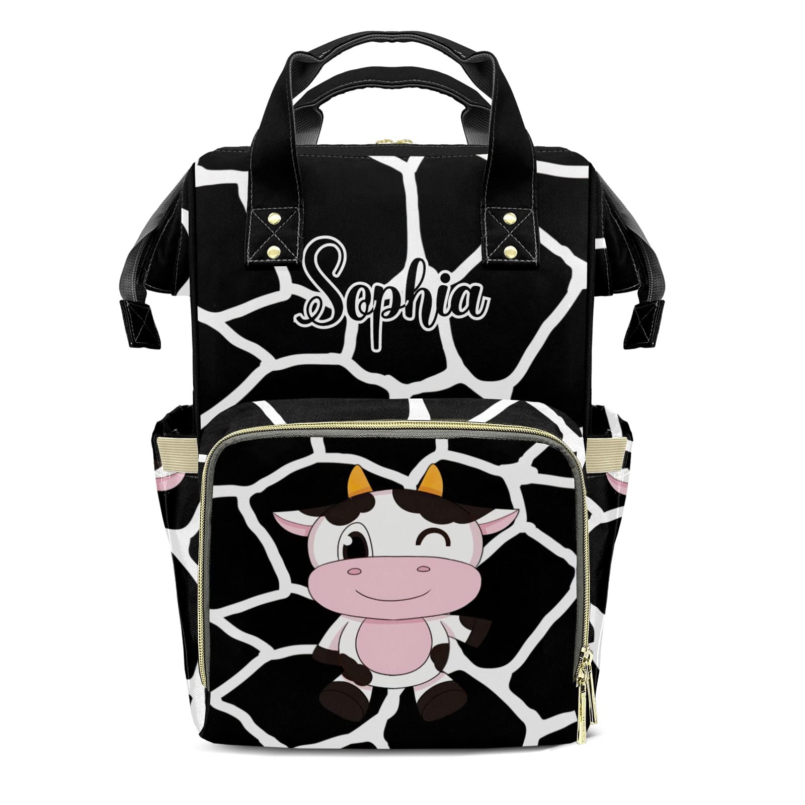 Cute Cartoon Cow Print Diaper Backpack with Name Custom Backpack Mommy Nappy Baby Bag Waterproof Casual Travel Daypack Tote Bag for Mom Dad