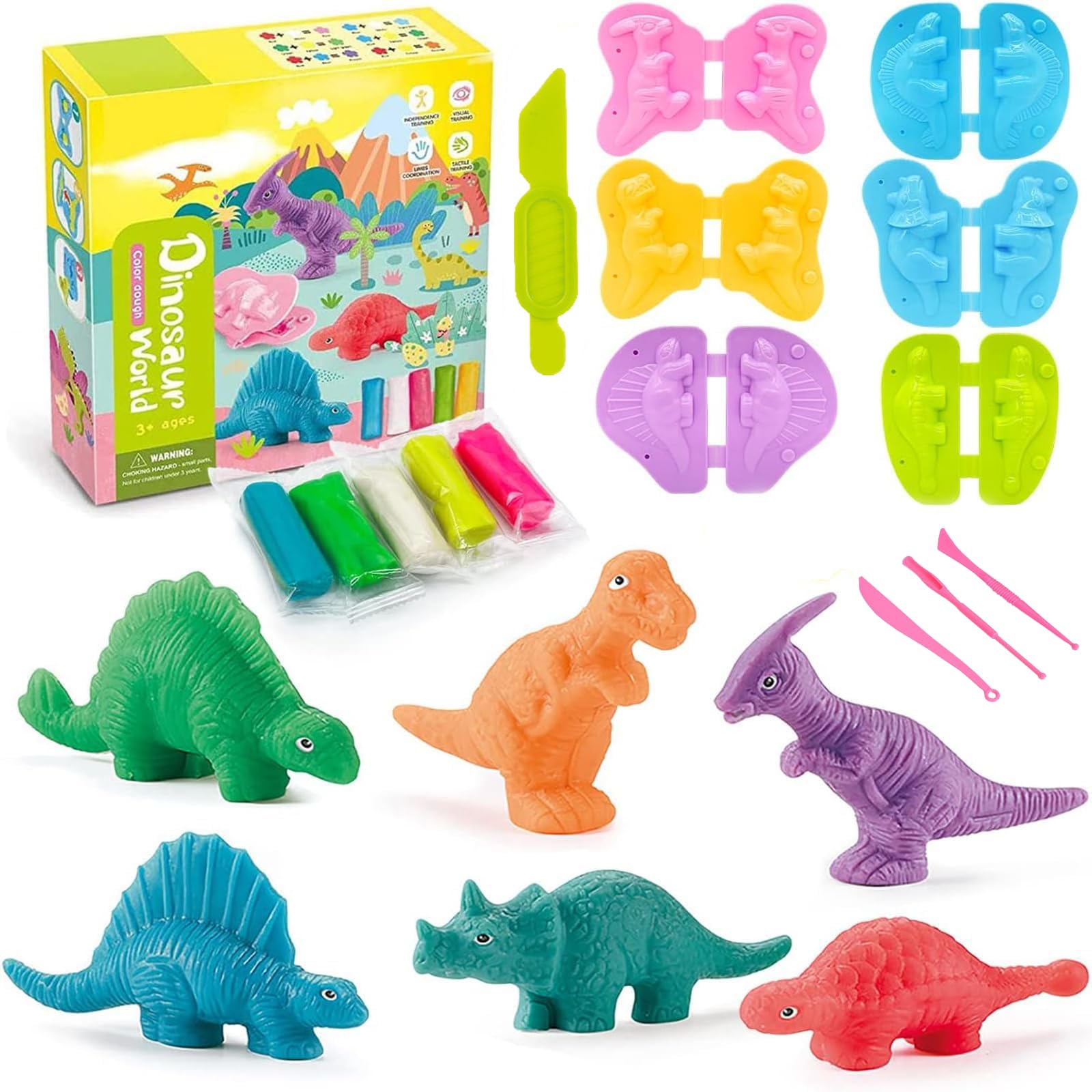 ChAusa 15 Pcs Playdough Tools and Cutters Color Dinosaur World Dough Toys Play Dough Accessories Set for Kids Plastic Accessories Clay Creation Educational Toy Gift Set for Toddlers Girls Boys